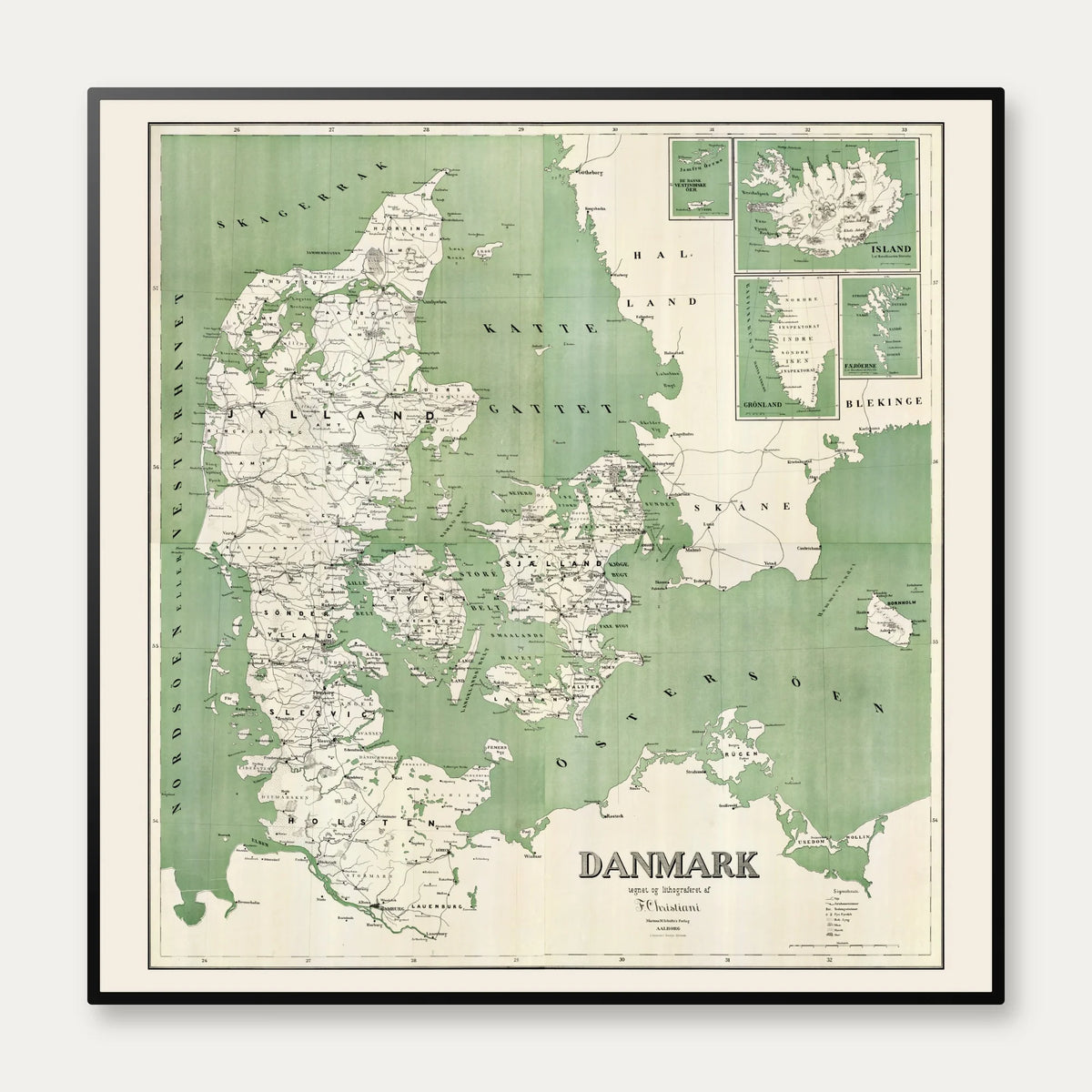 Danmarkskort 1880-85 - Skolekort af F. Christiani - Plakat – billede 1