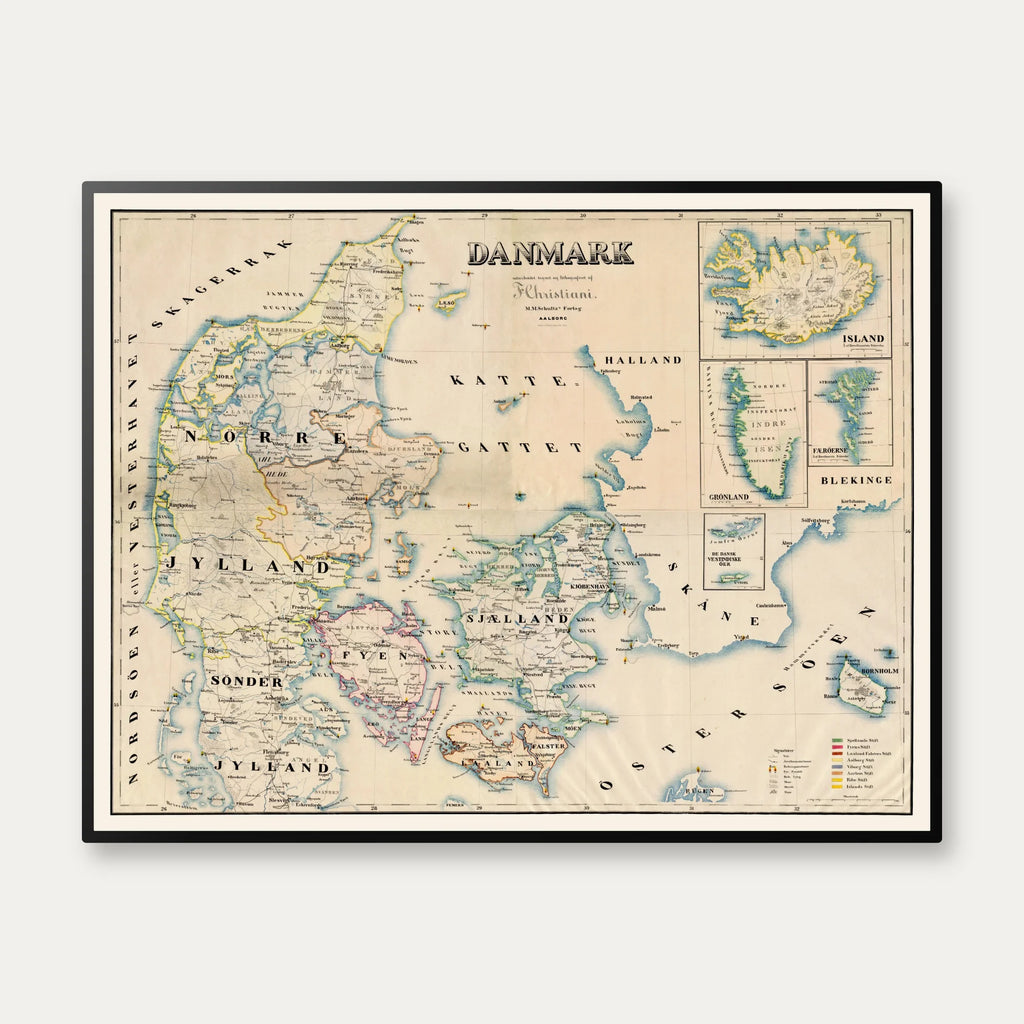 Danmarkskort 1872 - Grønland, Færøerne, Island - 65×50 cm – billede 1