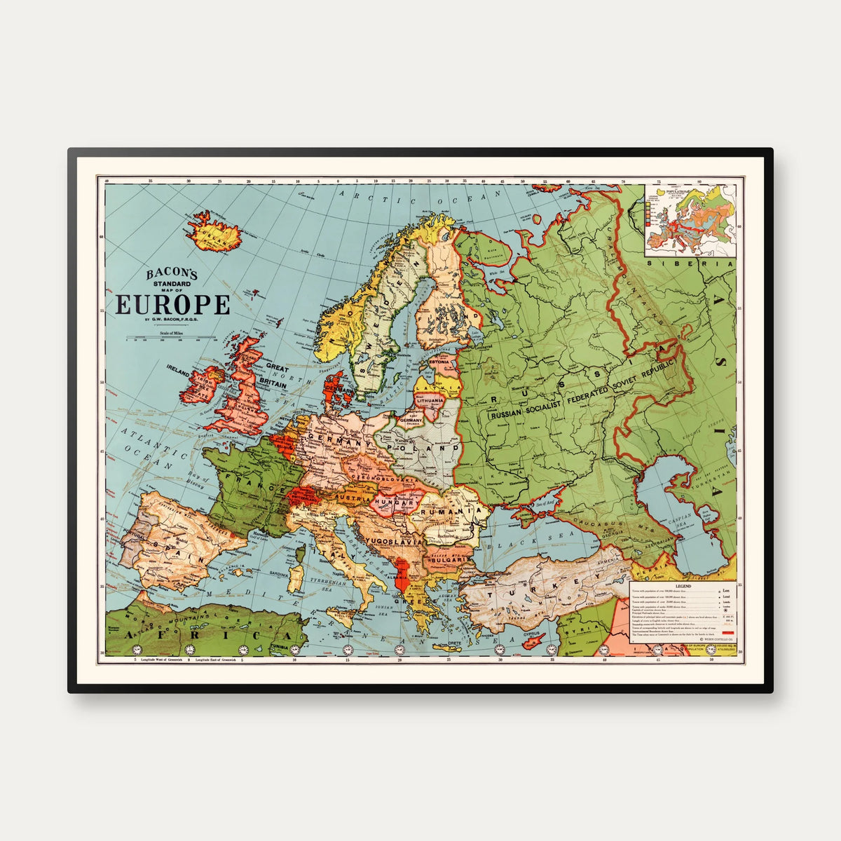 Europa af G.W.Bacon 1923 - Kort - 75×58 cm – billede 1