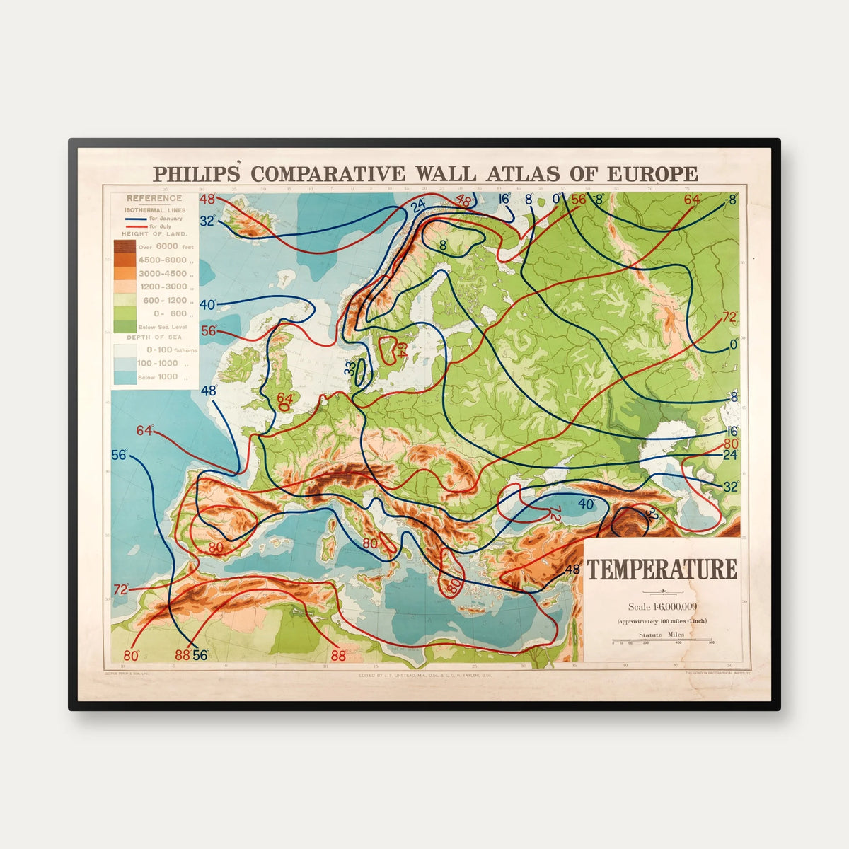 Europa 1920 - Temperaturkort - 60×48 cm – billede 1
