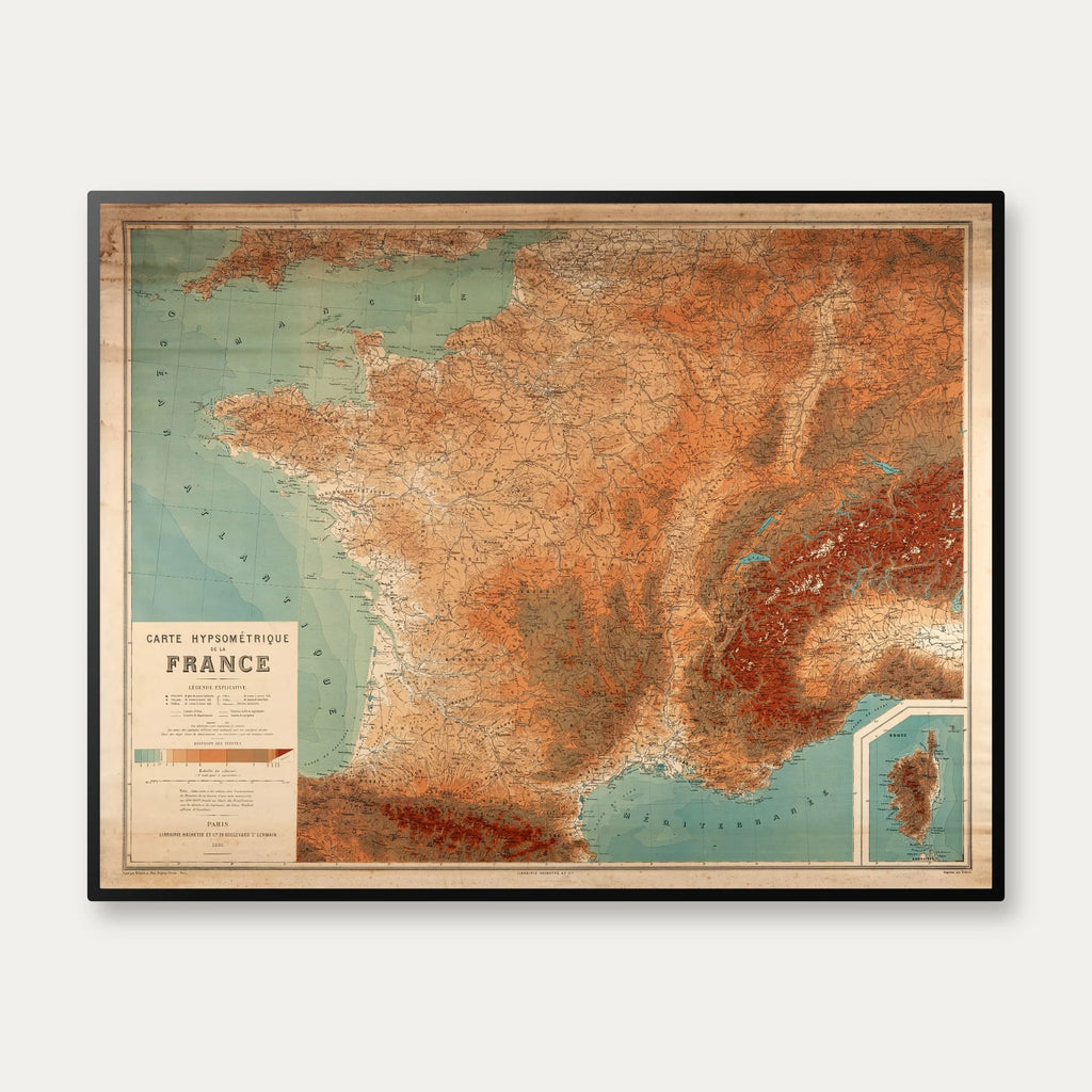 Frankrig 1880 - Højdekort - 71×55 cm – billede 1