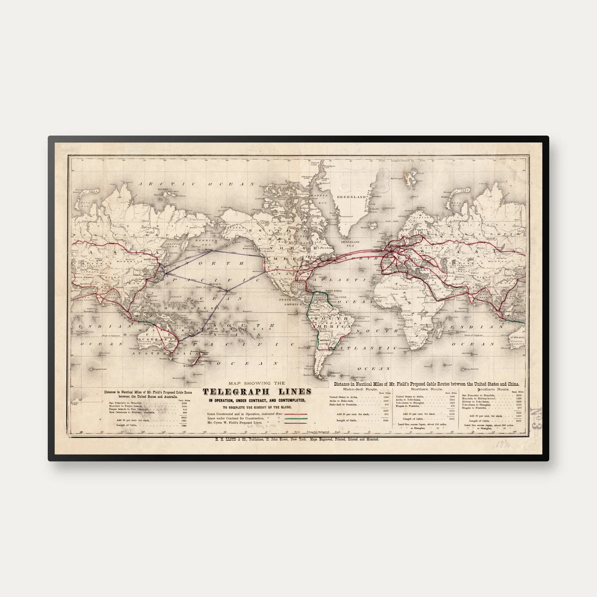 Telegrafkort over verden 1900 - 77×50 cm – billede 1