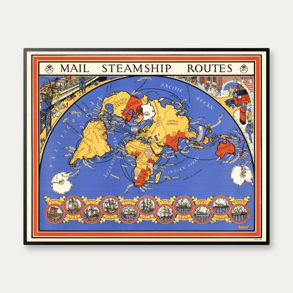 Mail Steamship Routes 1937 - Verdenskort - 100×80 cm – billede 1