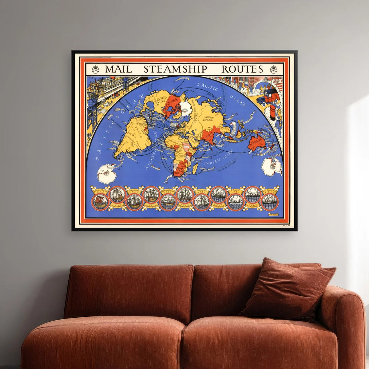 Mail Steamship Routes 1937 - Verdenskort - 100×80 cm – billede 2