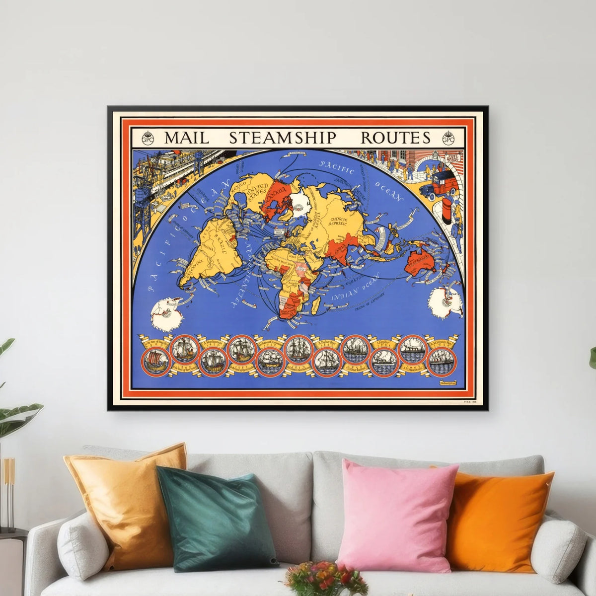 Mail Steamship Routes 1937 - Verdenskort - 100×80 cm – billede 3