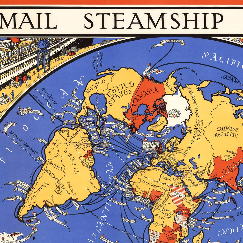 Mail Steamship Routes 1937 - Verdenskort - 100×80 cm – billede 4