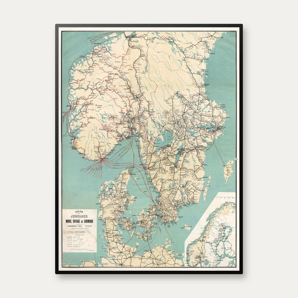 Nordiske Jernbaner 1897 - Jernbanekort - 60×80 cm – billede 1