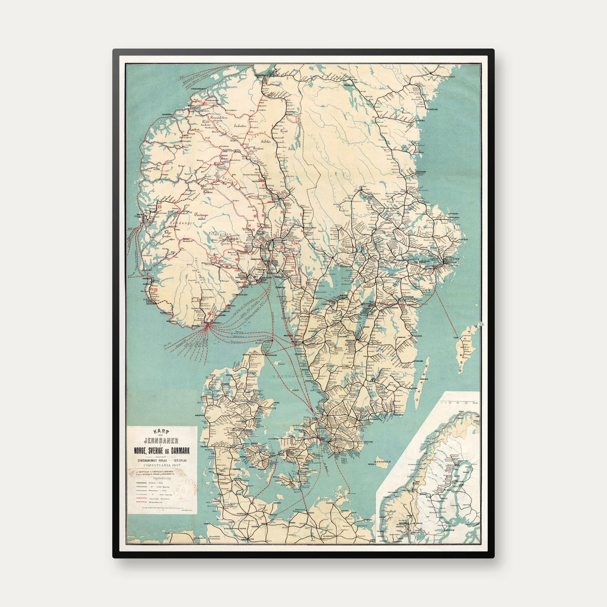 Nordiske Jernbaner 1897 - Jernbanekort - 60×80 cm – billede 1