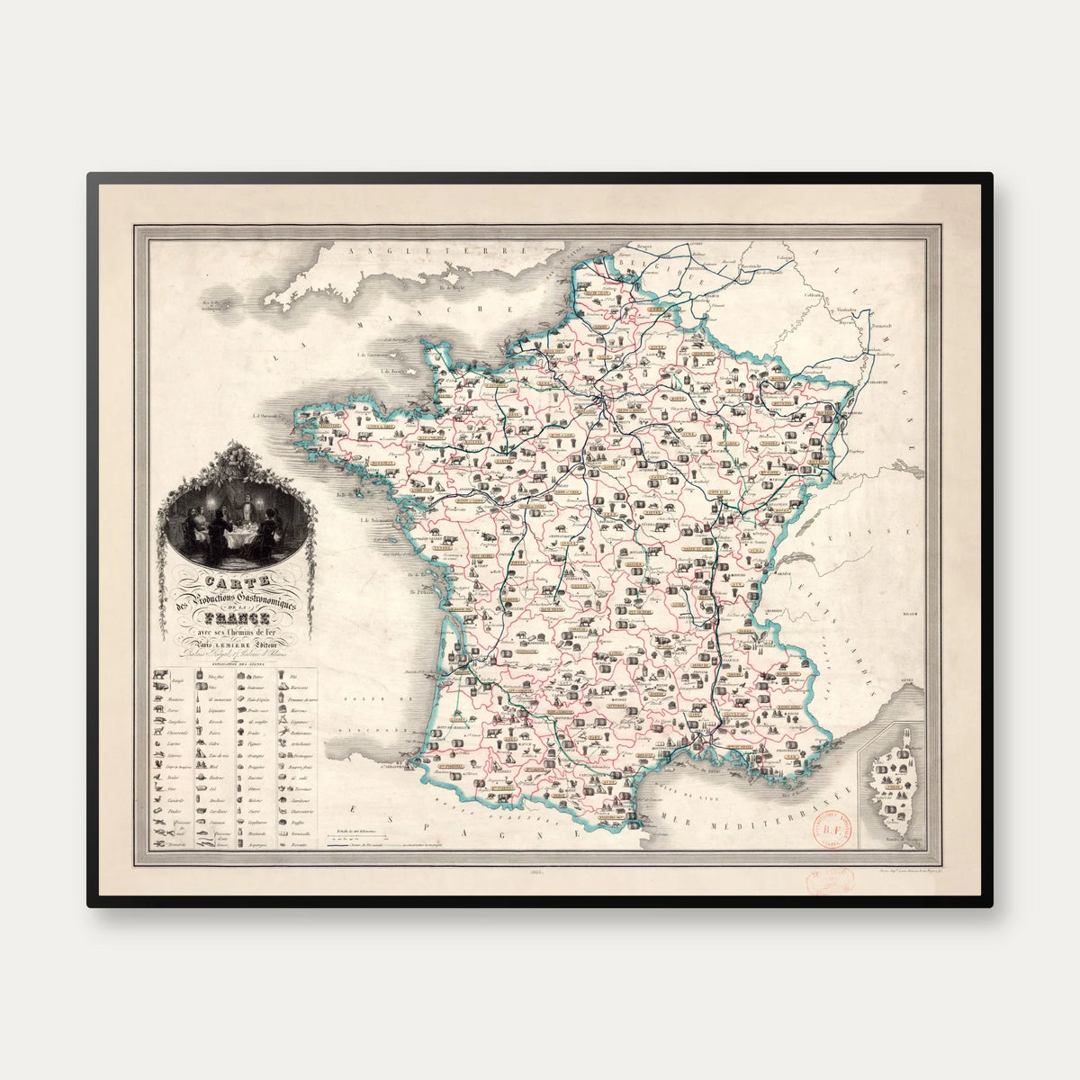 Gastronomiske Produkter i Frankrig 1852 - Kulinarisk kort - 85×69 cm – billede 1