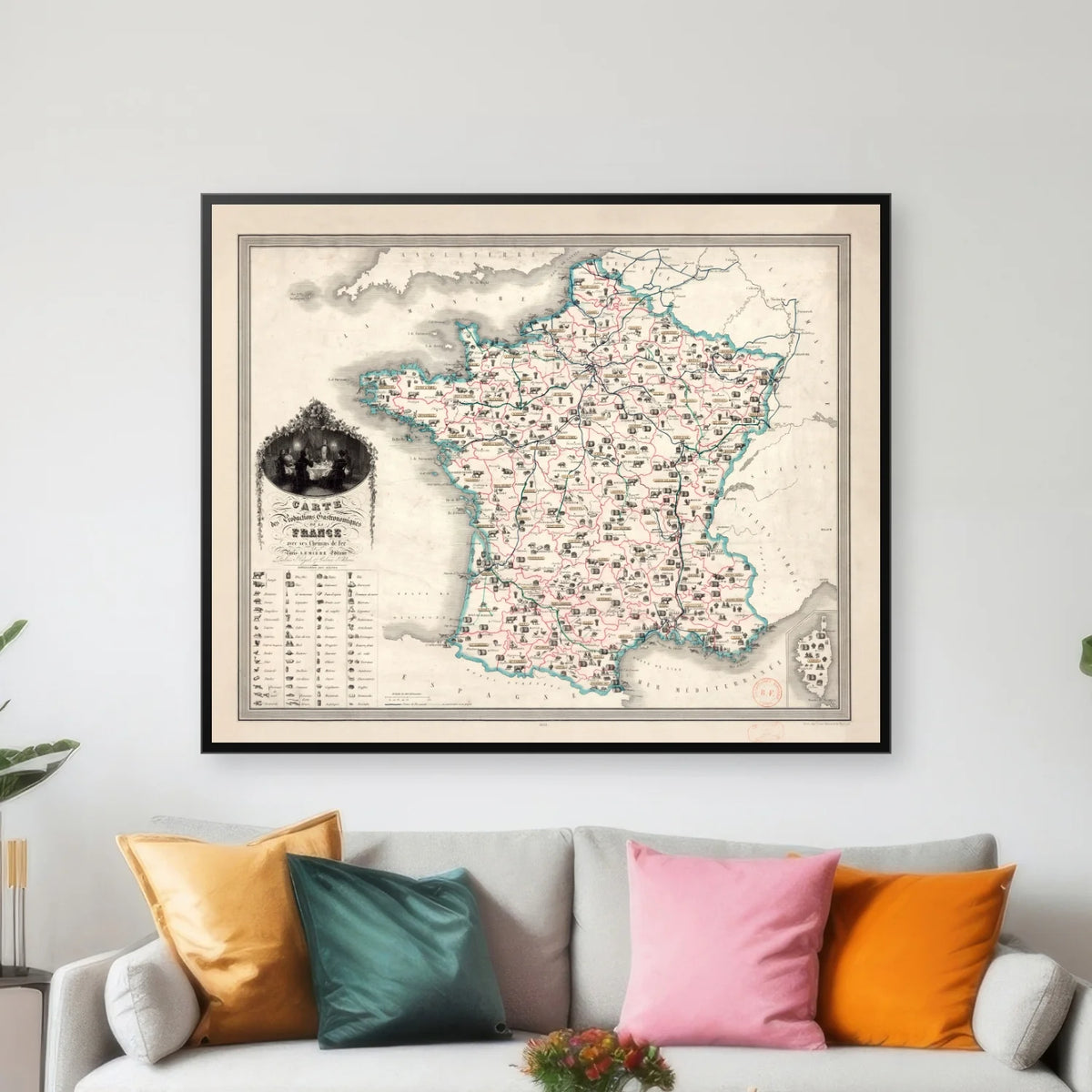 Gastronomiske Produkter i Frankrig 1852 - Kulinarisk kort - 85×69 cm – billede 3