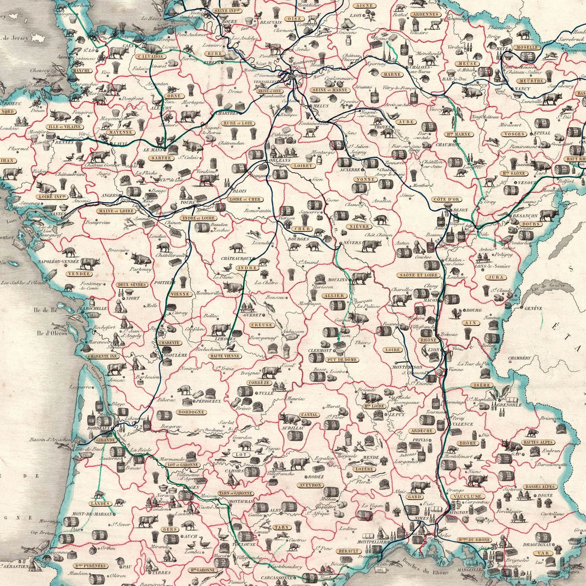 Gastronomiske Produkter i Frankrig 1852 - Kulinarisk kort - 85×69 cm – billede 4