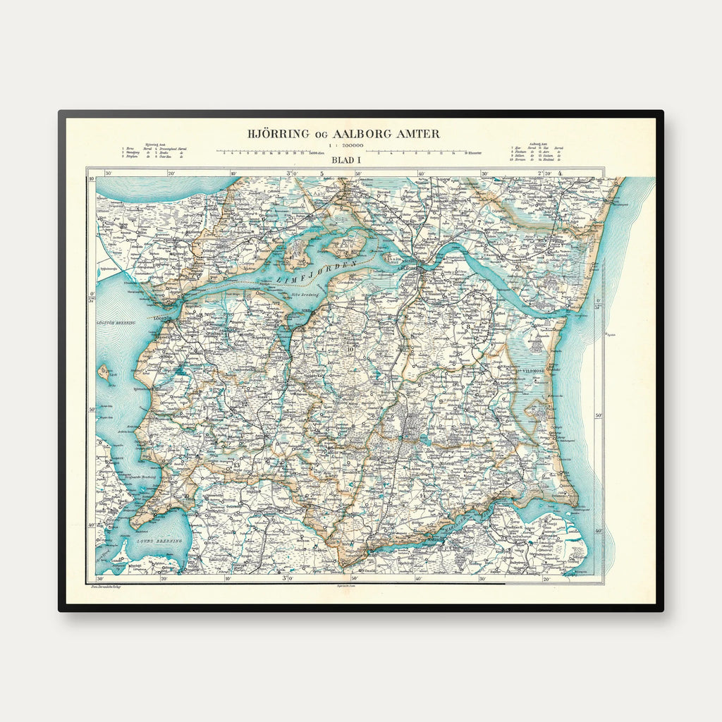 Hjørring & Aalborg Amter 1900 - Historisk kort - 70×58 cm – billede 1