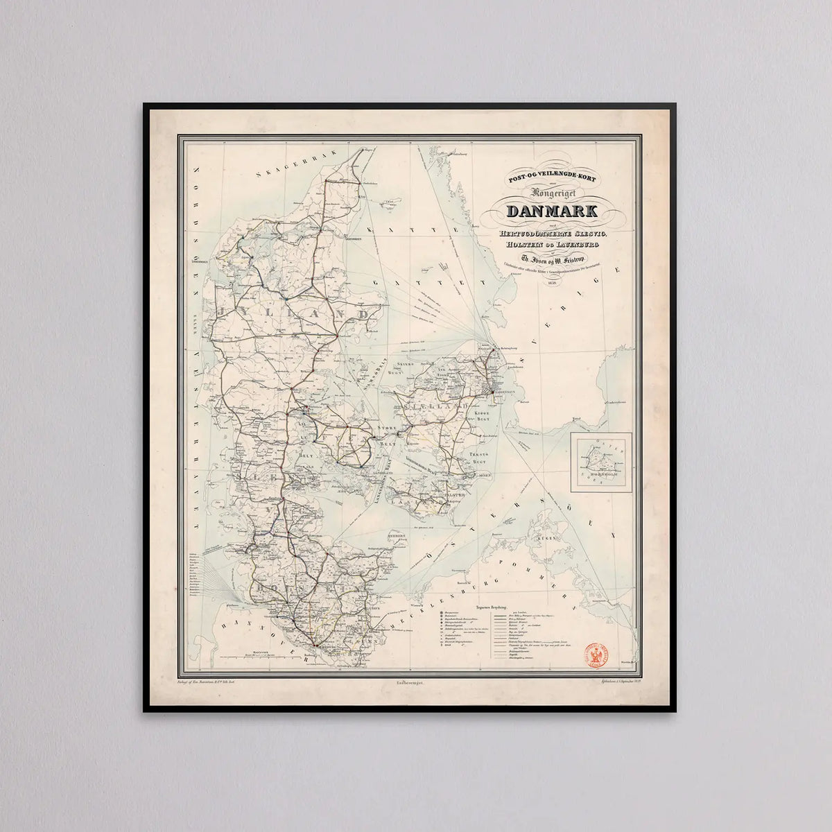 Post- og Vejlængde-Kort over Danmark 1859 - 61×70 cm