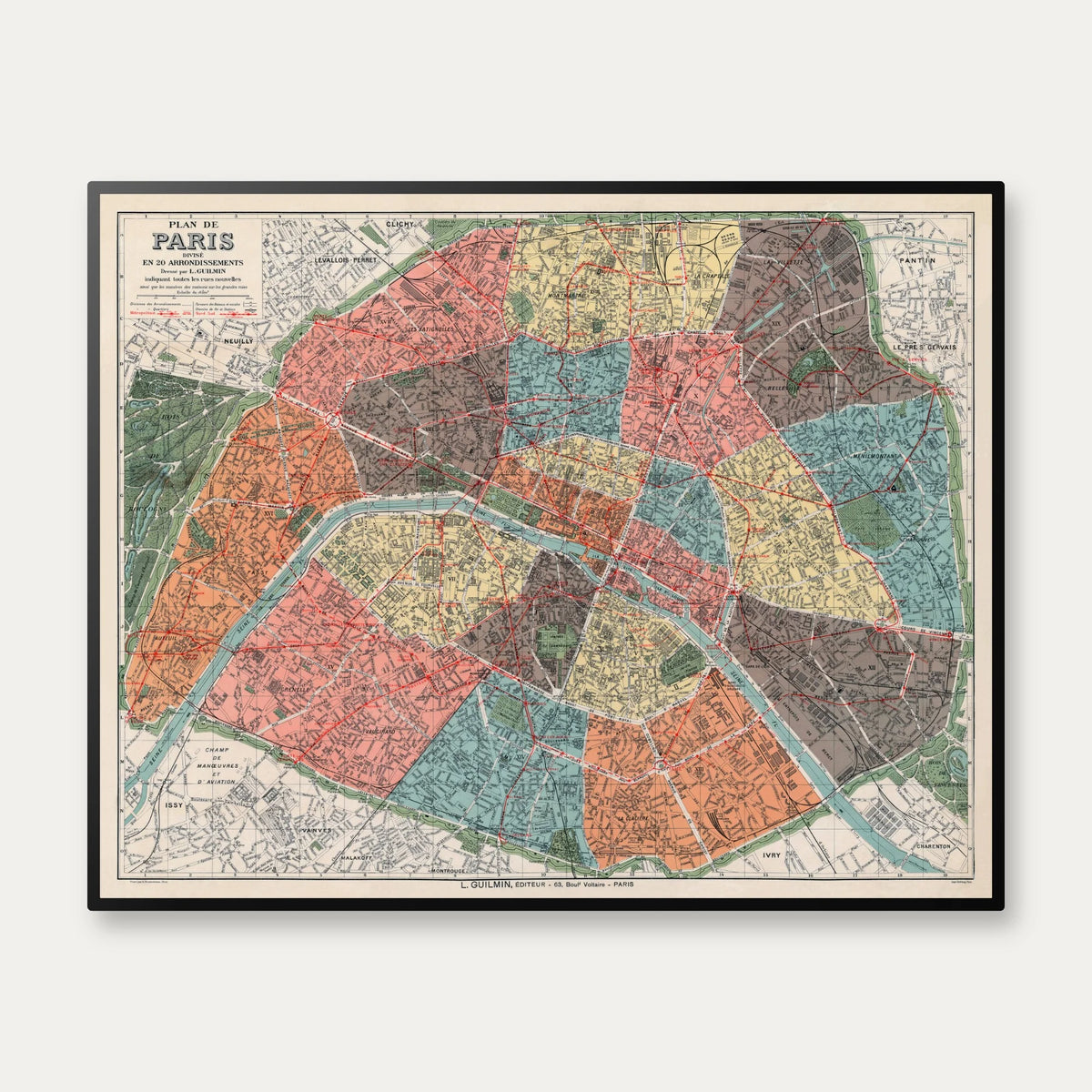 Plan de Paris divisé en 20 arrondissements 1926 - Bykort - 88×70 cm – billede 1