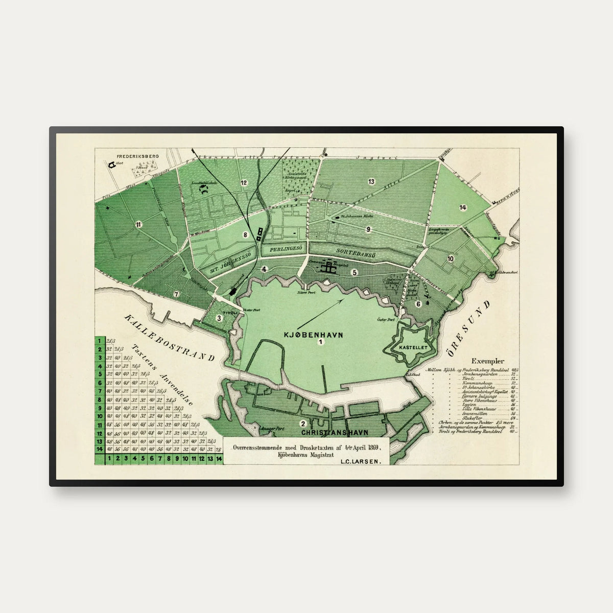Taxa i København 1869 - Droskekort med takster og ruter – billede 1