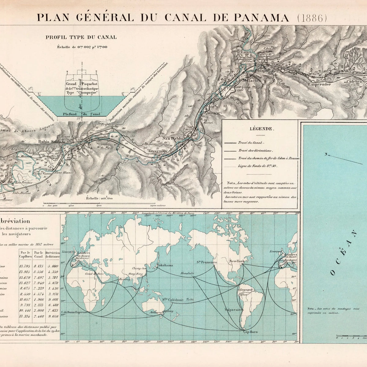 Plan général du Canal de Panama 1886 - Landkort - 86×35 cm – billede 4