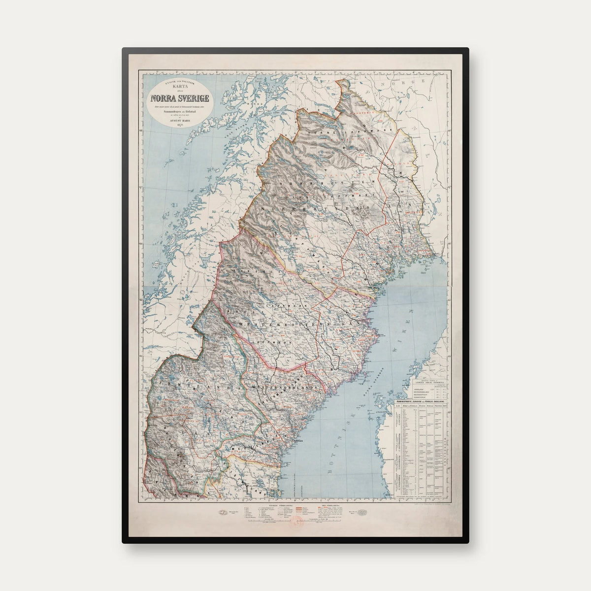 Norra Sverige 1870 - Fysisk och politisk karte - Landkort – billede 1