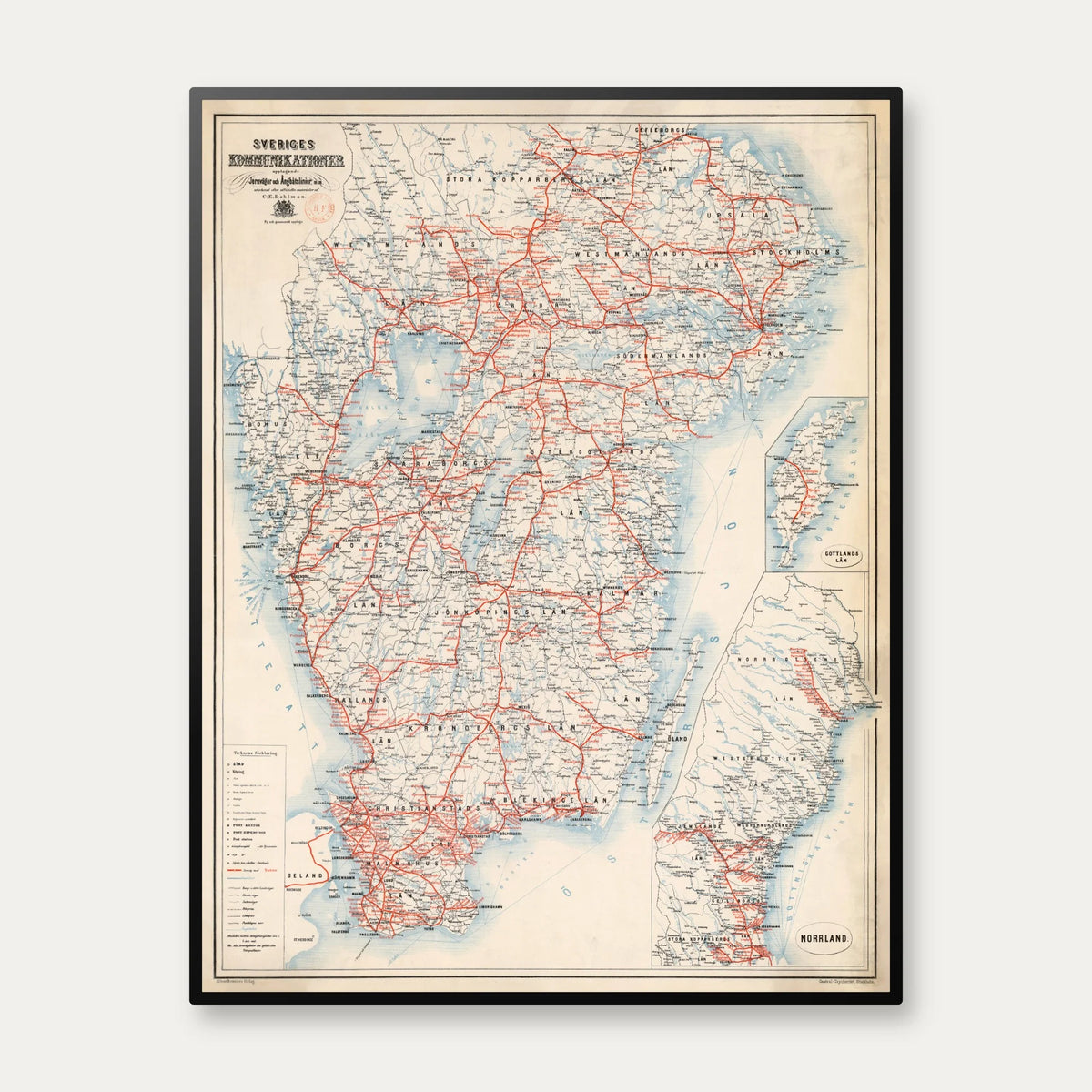 Reskarta öfver Sverige 1890 - Jernbanekort - 90×70 cm – billede 1
