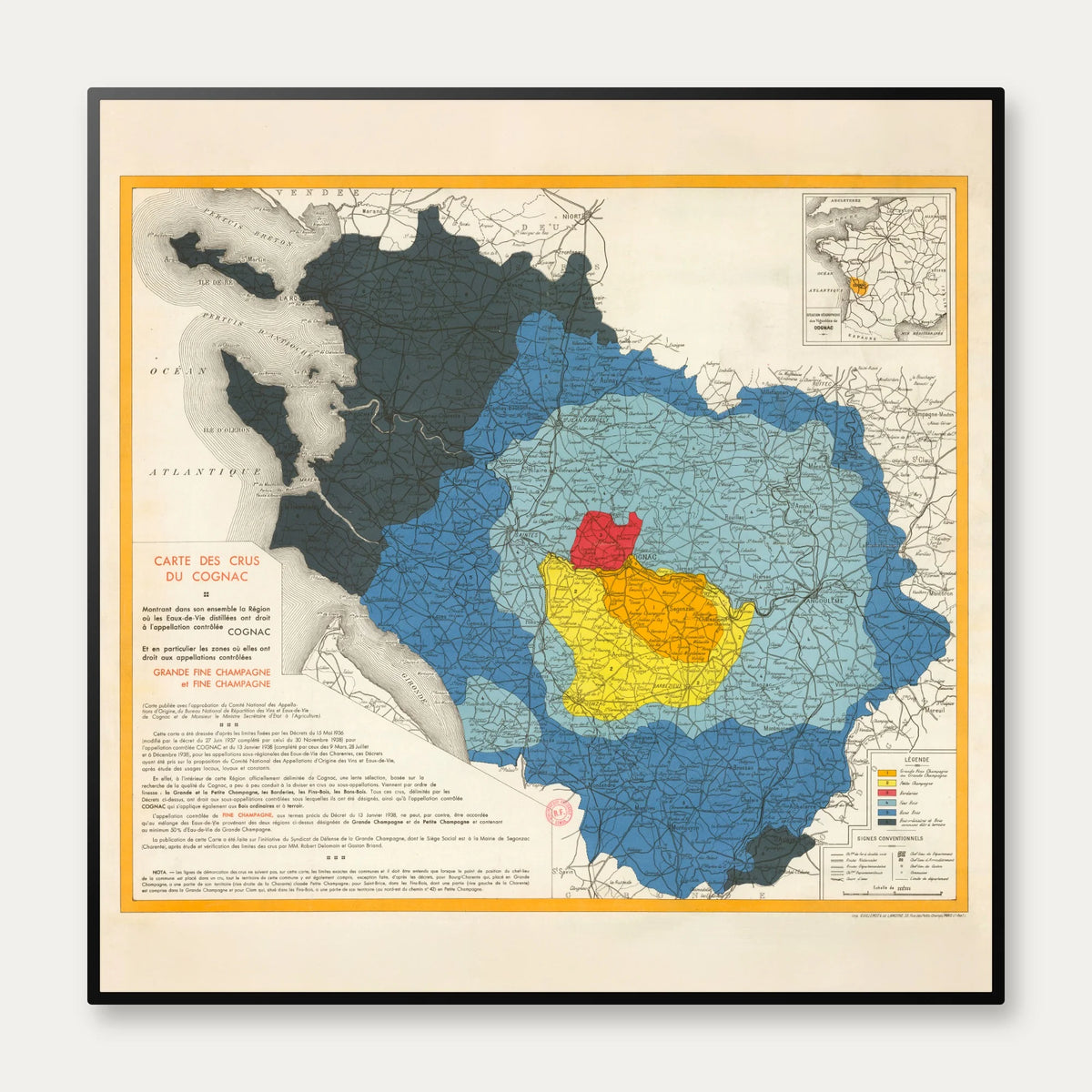 Carte des crus du Cognac 1938 - Vinkort – billede 1