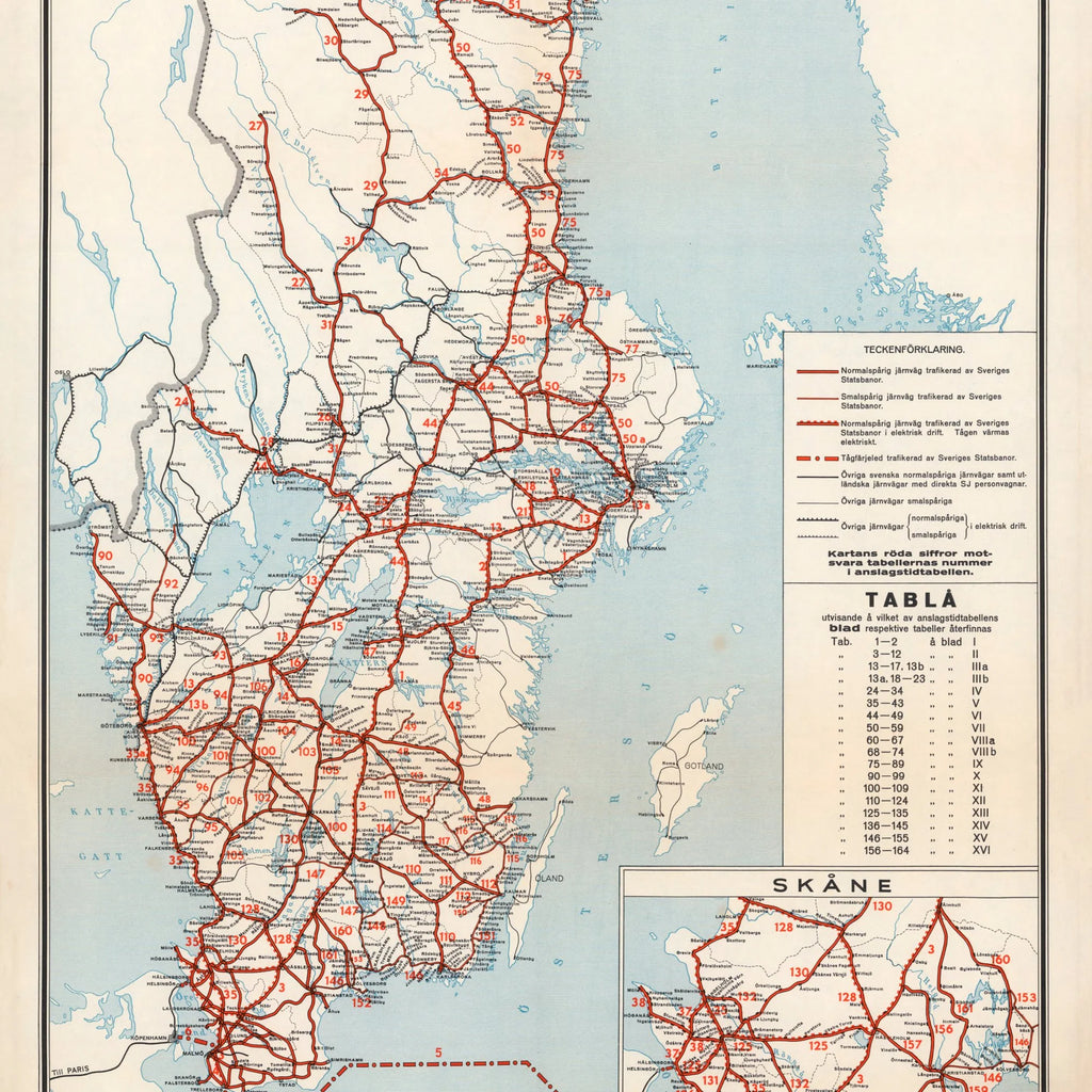 Sveriges Statsbanor 1947 - Anslagstidtabeller - Jernbanekort - 120×54 cm – billede 4