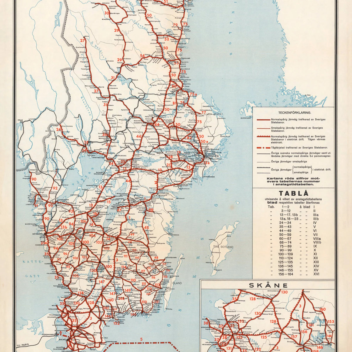 Sveriges Statsbanor 1947 - Anslagstidtabeller - Jernbanekort - 120×54 cm – billede 4