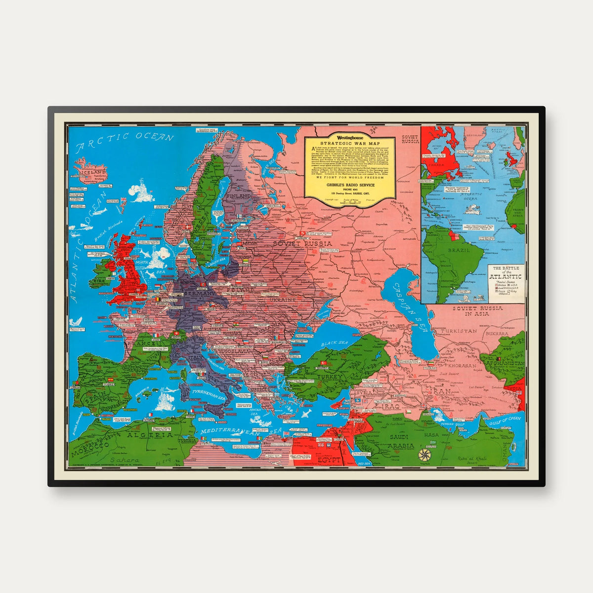 Westinghouse Strategiske Verdenskort 1941 - Krigskort - 85×65 cm – billede 1