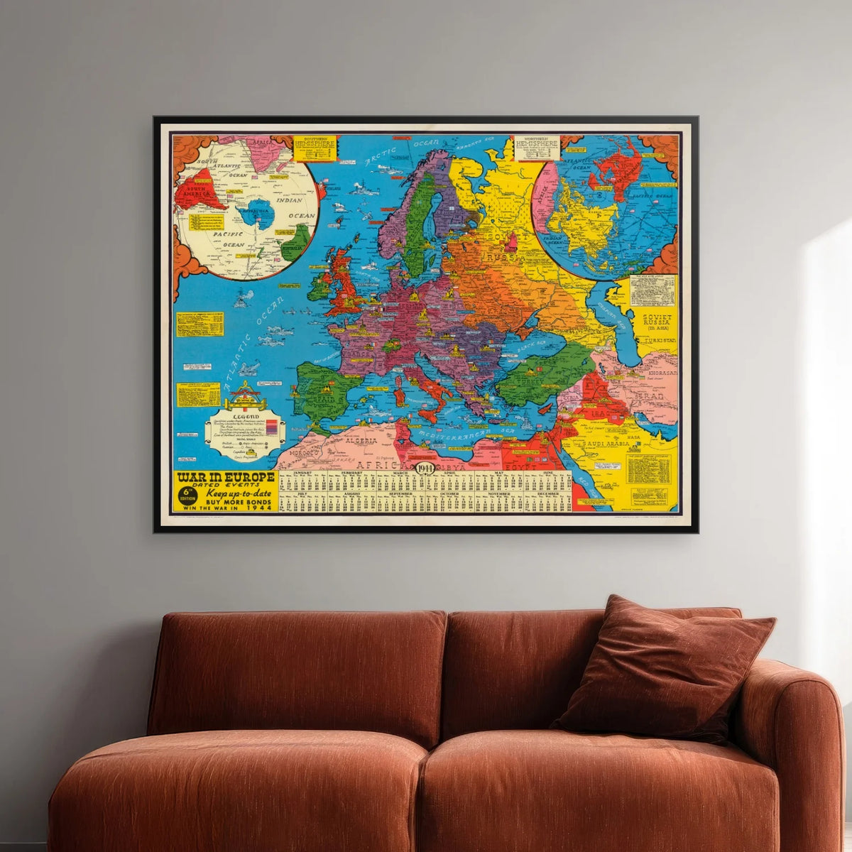 Krigen i Europa: Begivenheder og fronter 1944 1944 - Krigskort - 81×62 cm – billede 2