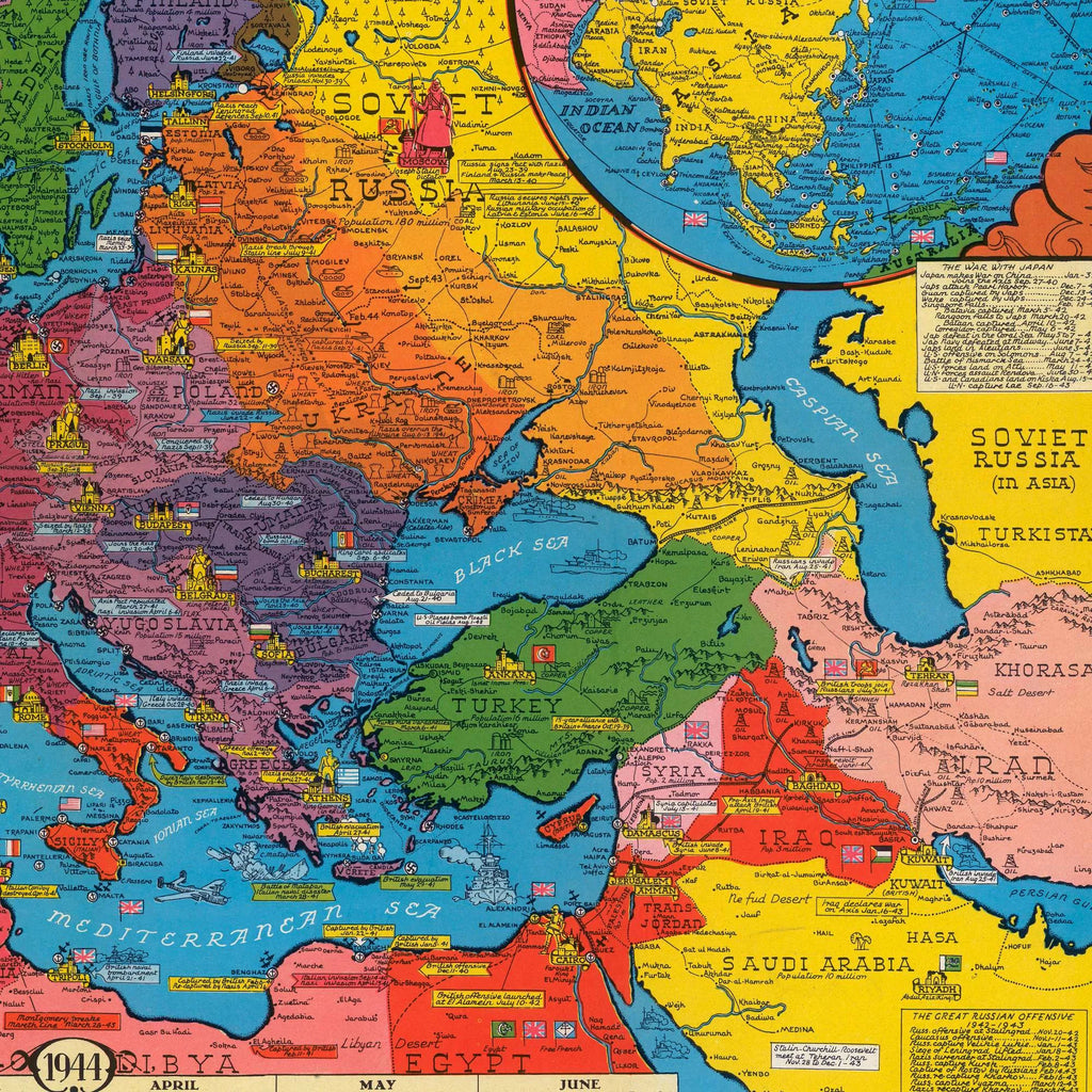 Krigen i Europa: Begivenheder og fronter 1944 1944 - Krigskort - 81×62 cm – billede 4