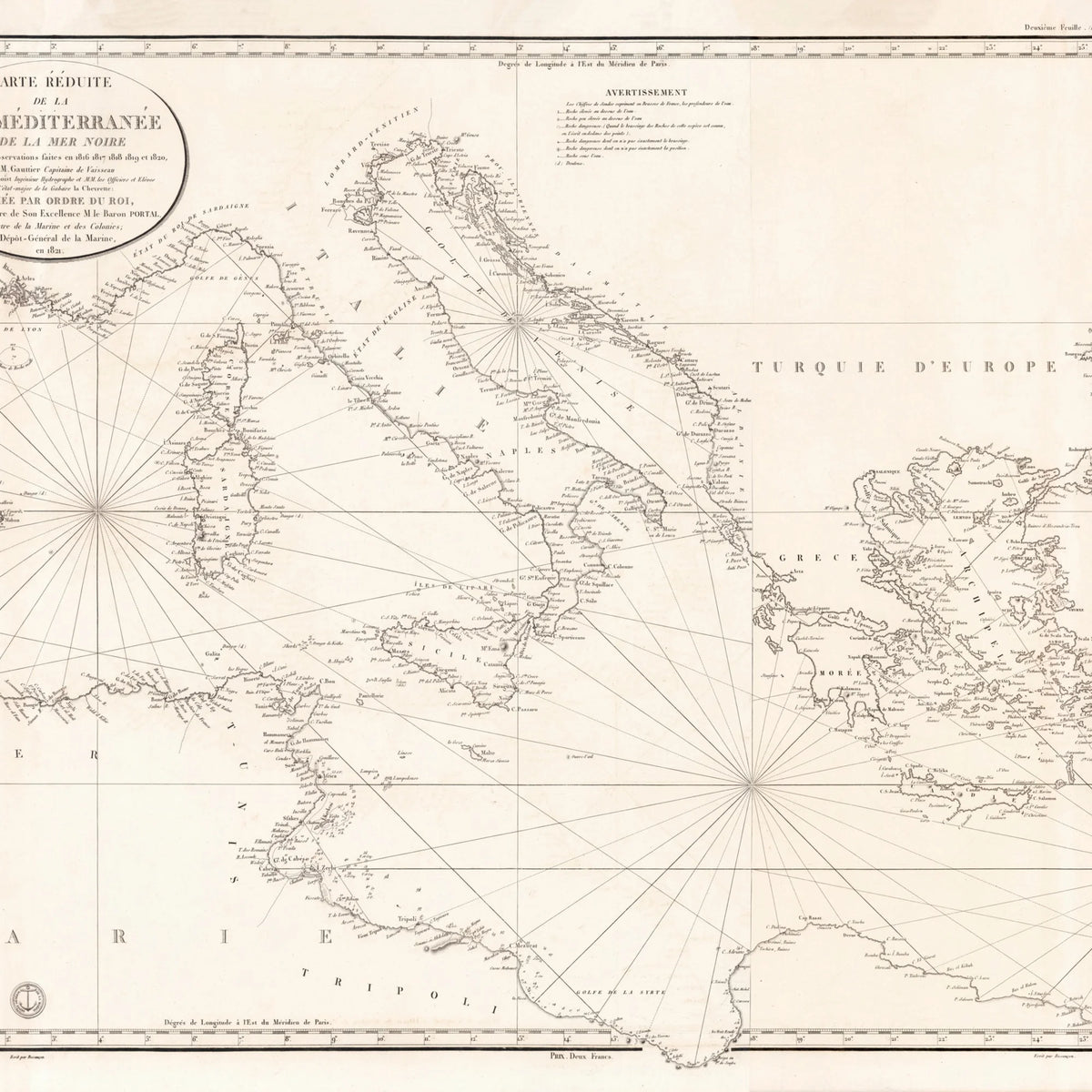 Middelhavet - Carte Reduite De La Mer Mediterranee 1833 - Søkort - 120×50 cm – billede 4