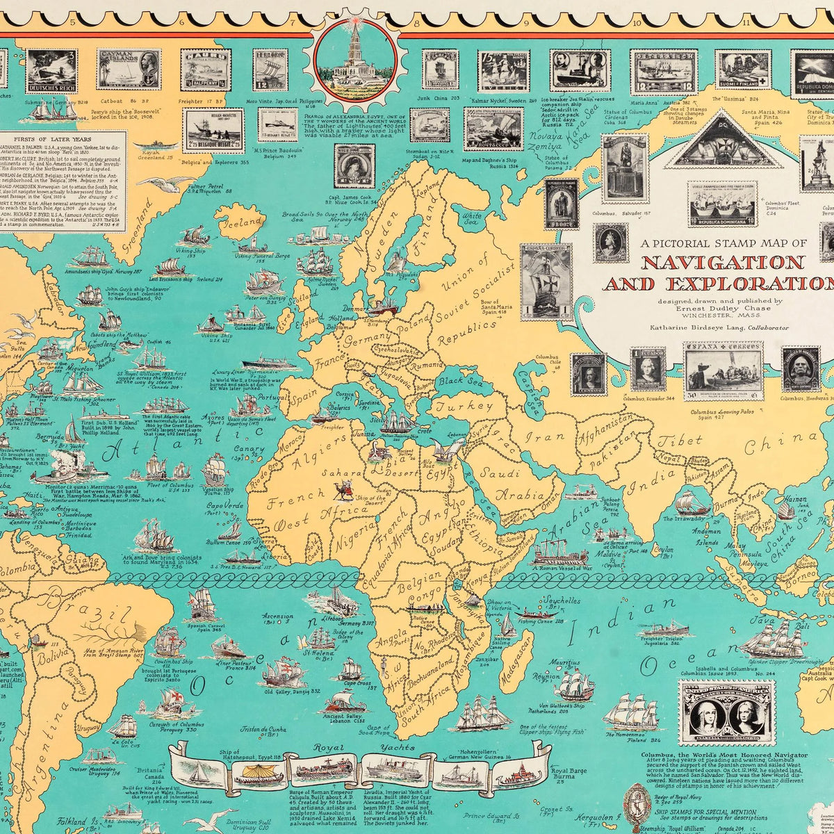 Navigation og Opdagelsesrejser - Frimærkekort 1950 - Verdenskort – billede 4