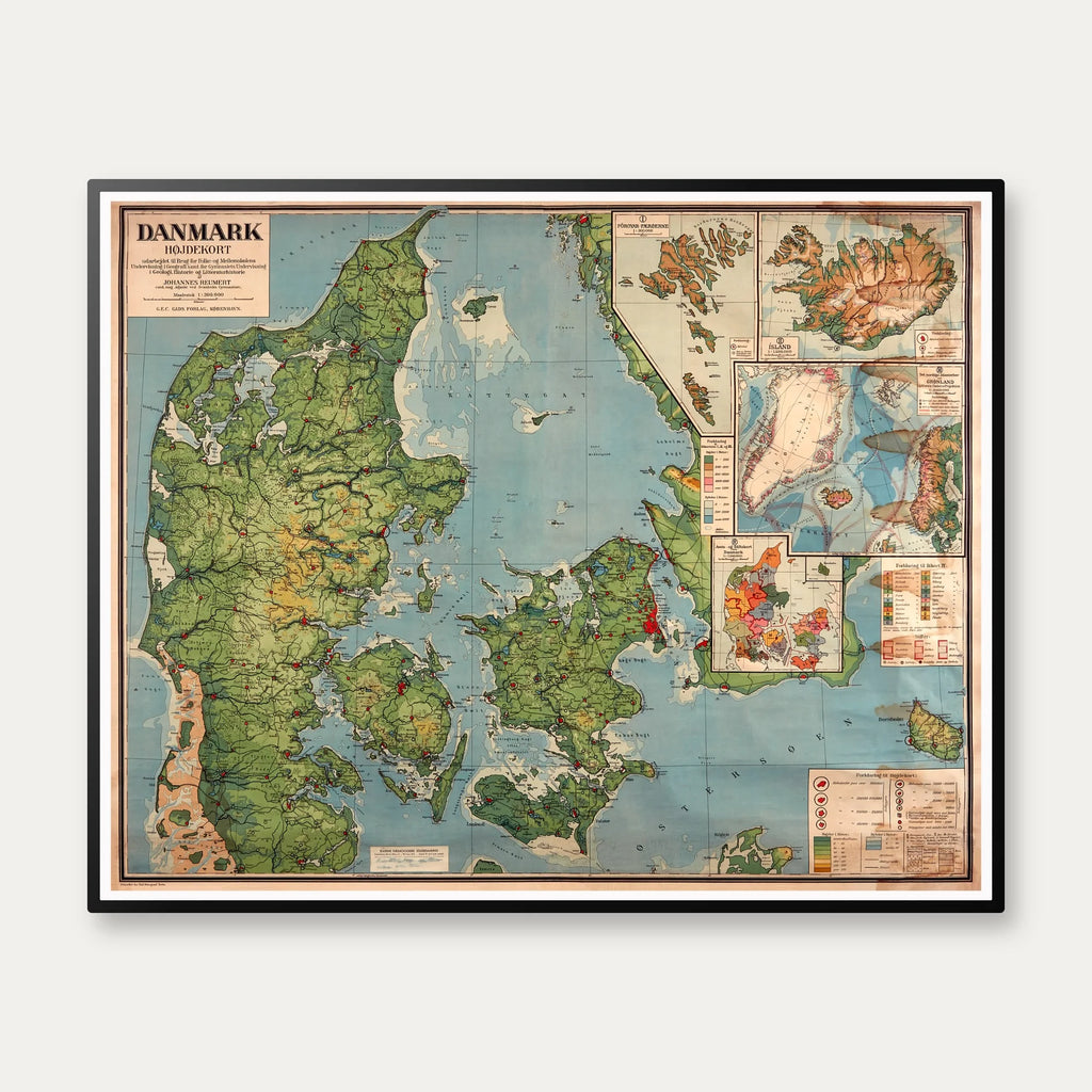 Danmark højdekort 1950 - Undervisningskort - 75×60 cm – billede 1
