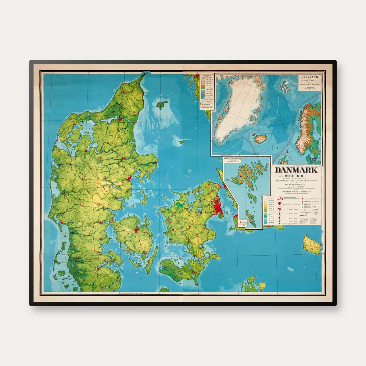Danmark højdekort 1958 - Historisk undervisningskort - 75×60 cm – billede 1