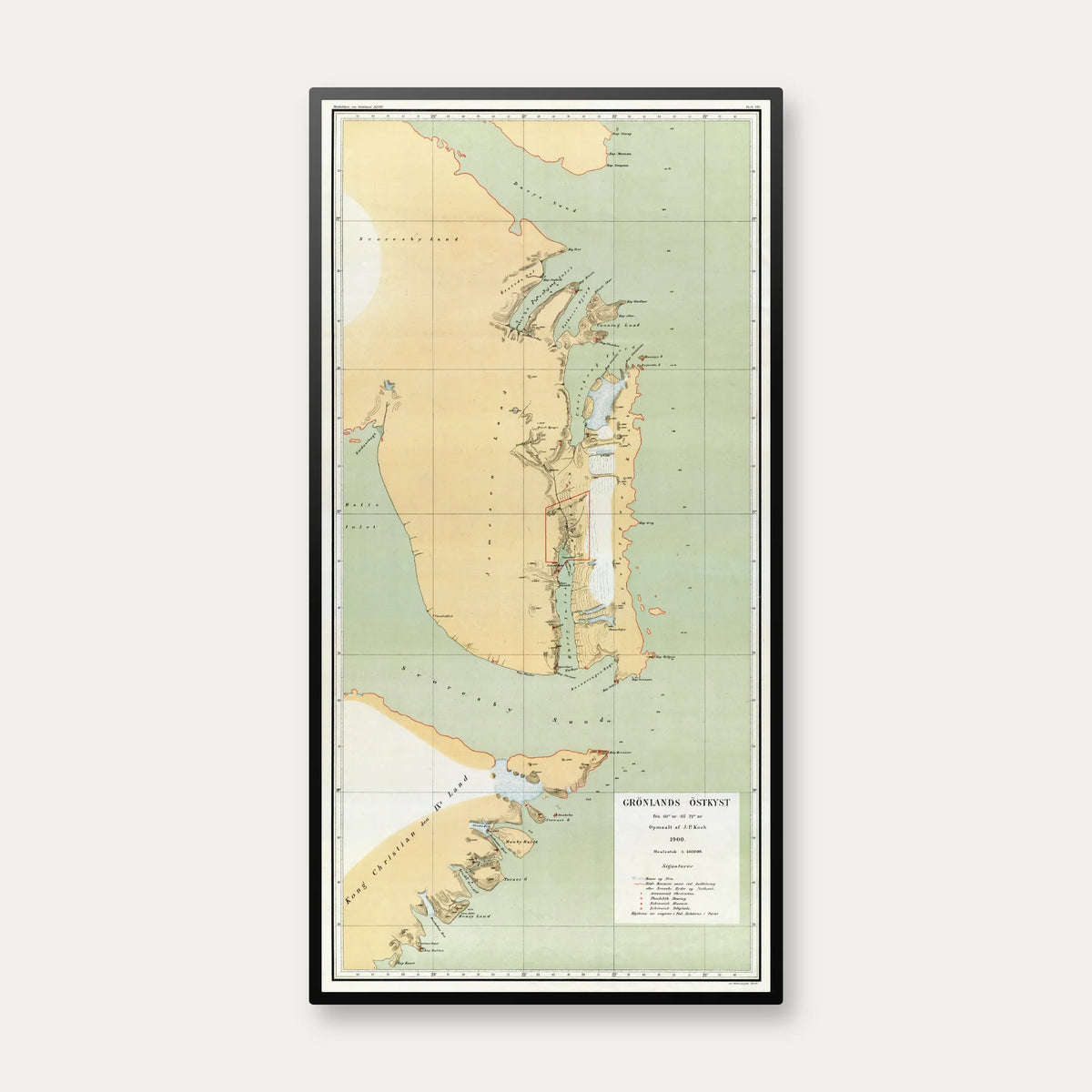 Grønlands østkyst 1902 - Historisk landkort - 60×31 cm – billede 1