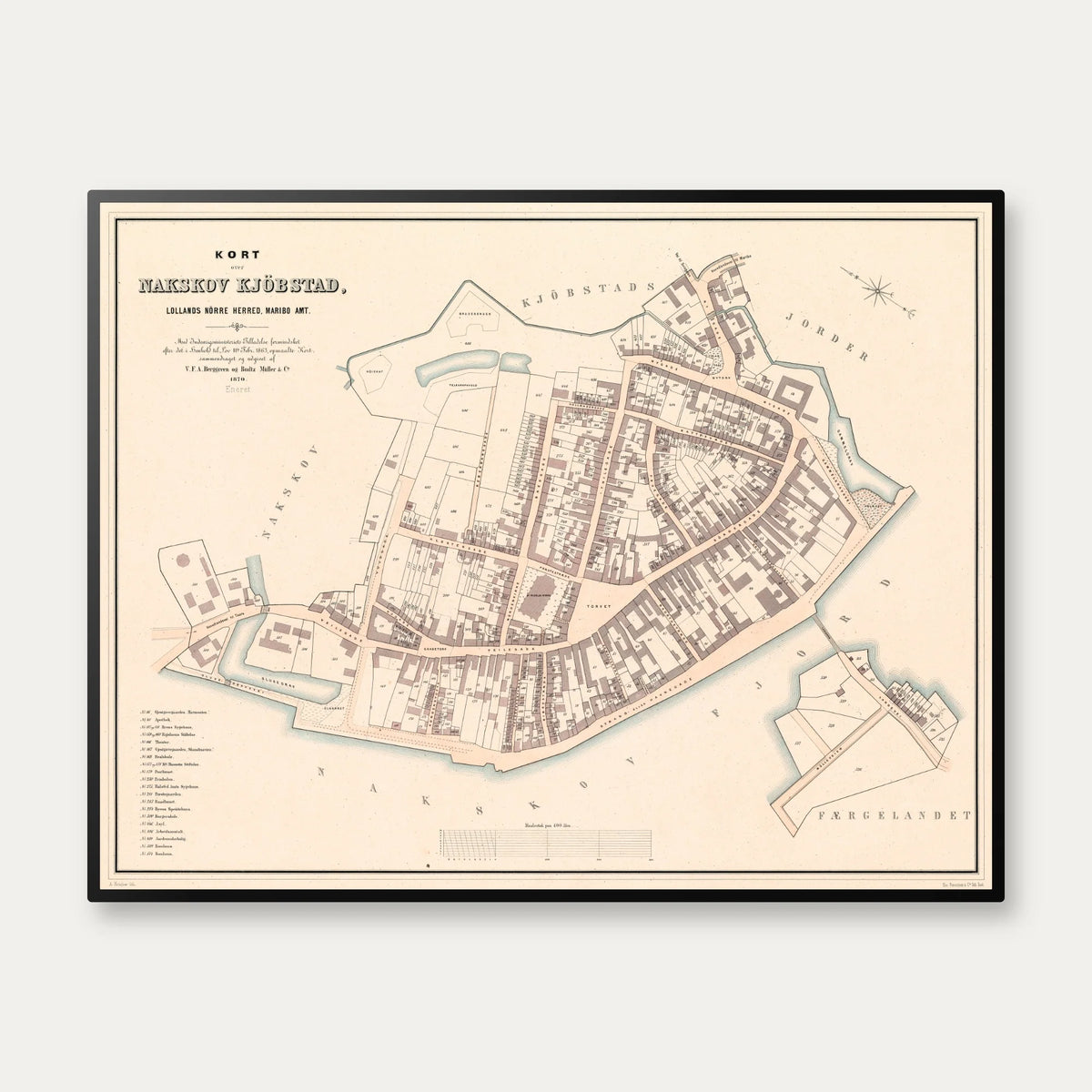 Nakskov 1870 - Berggreens købstadskort - 85×66 cm – billede 1