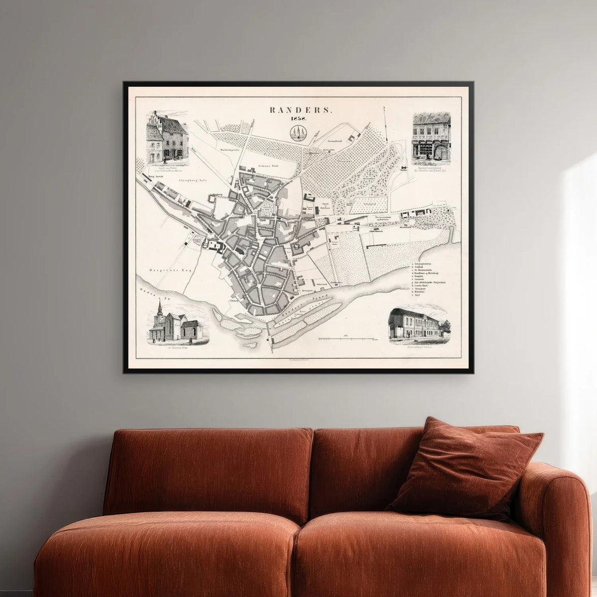 Randers 1858 - Historisk bykort med prospekter - 60×50 cm – billede 2