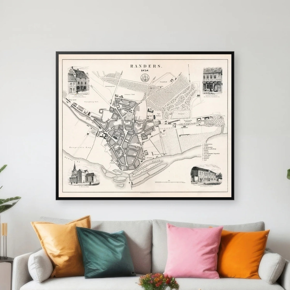 Randers 1858 - Historisk bykort med prospekter - 60×50 cm – billede 3