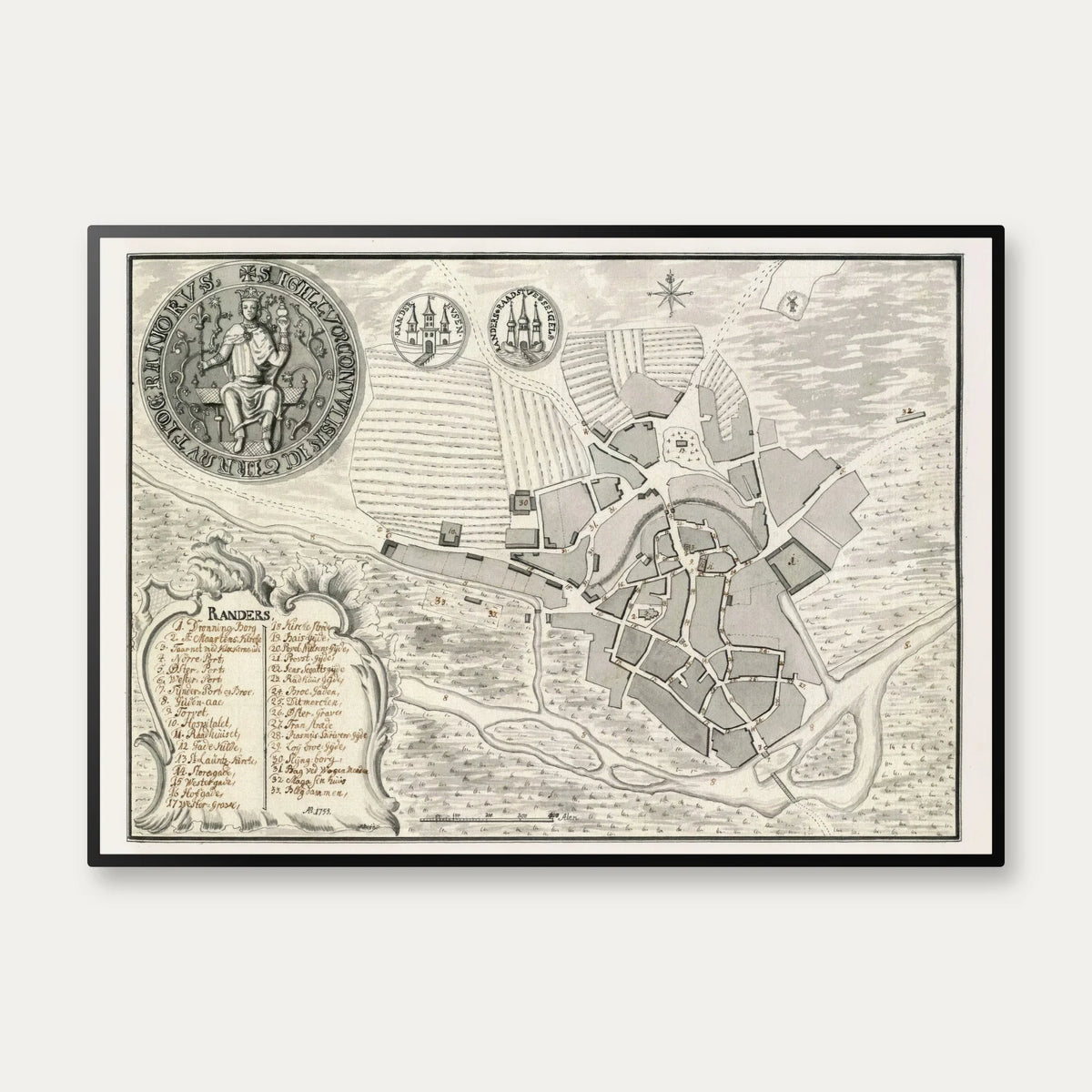 Randers 1755 - Historisk prospekt af Johan Jacob Bruun – billede 1
