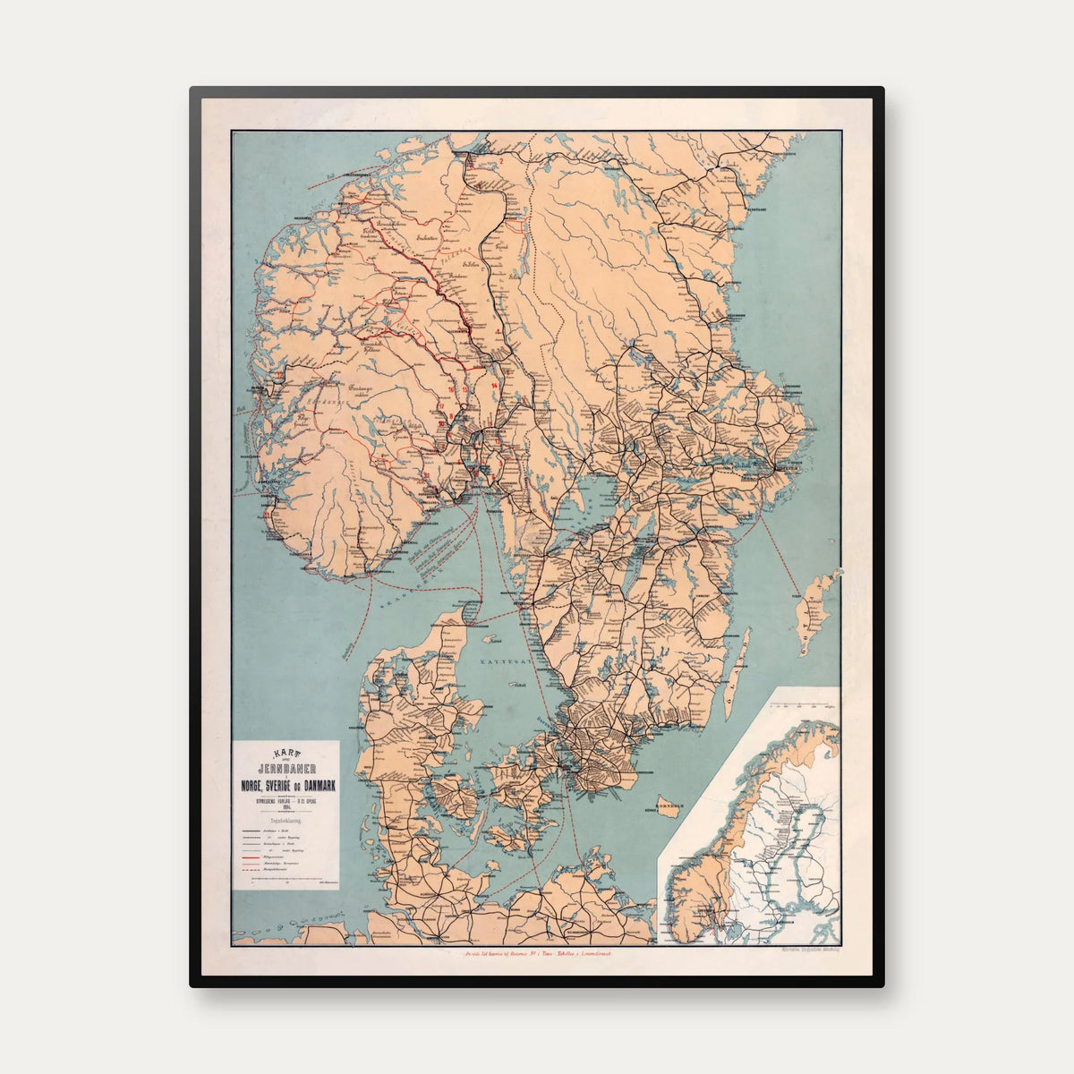 Jernbaner i Norge, Sverige og Danmark 1894 - Historisk jernbanekort - 54×70 cm – billede 1