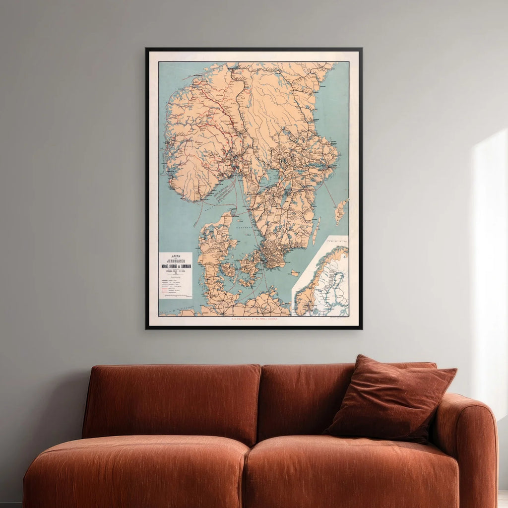 Jernbaner i Norge, Sverige og Danmark 1894 - Historisk jernbanekort - 54×70 cm – billede 2