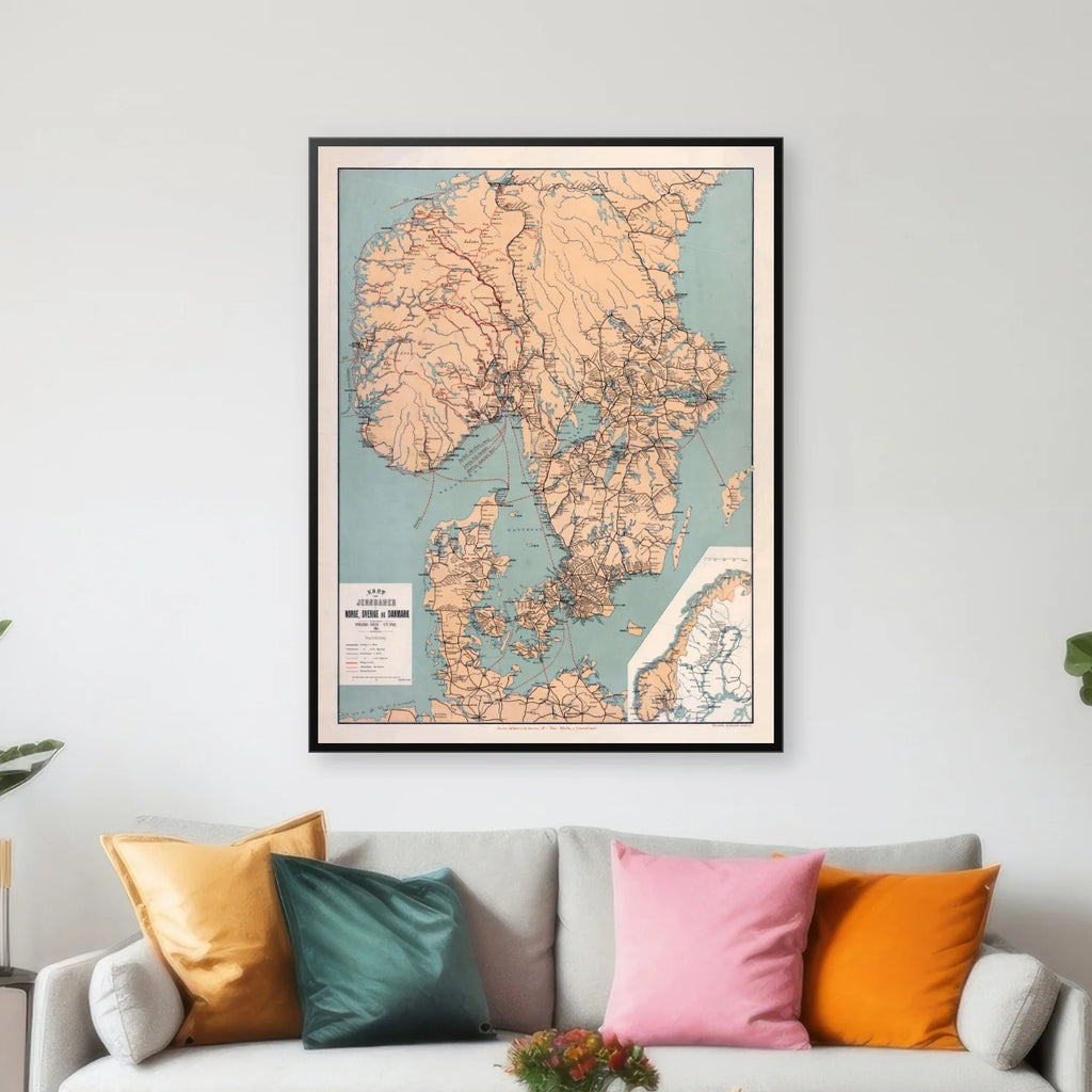 Jernbaner i Norge, Sverige og Danmark 1894 - Historisk jernbanekort - 54×70 cm – billede 3