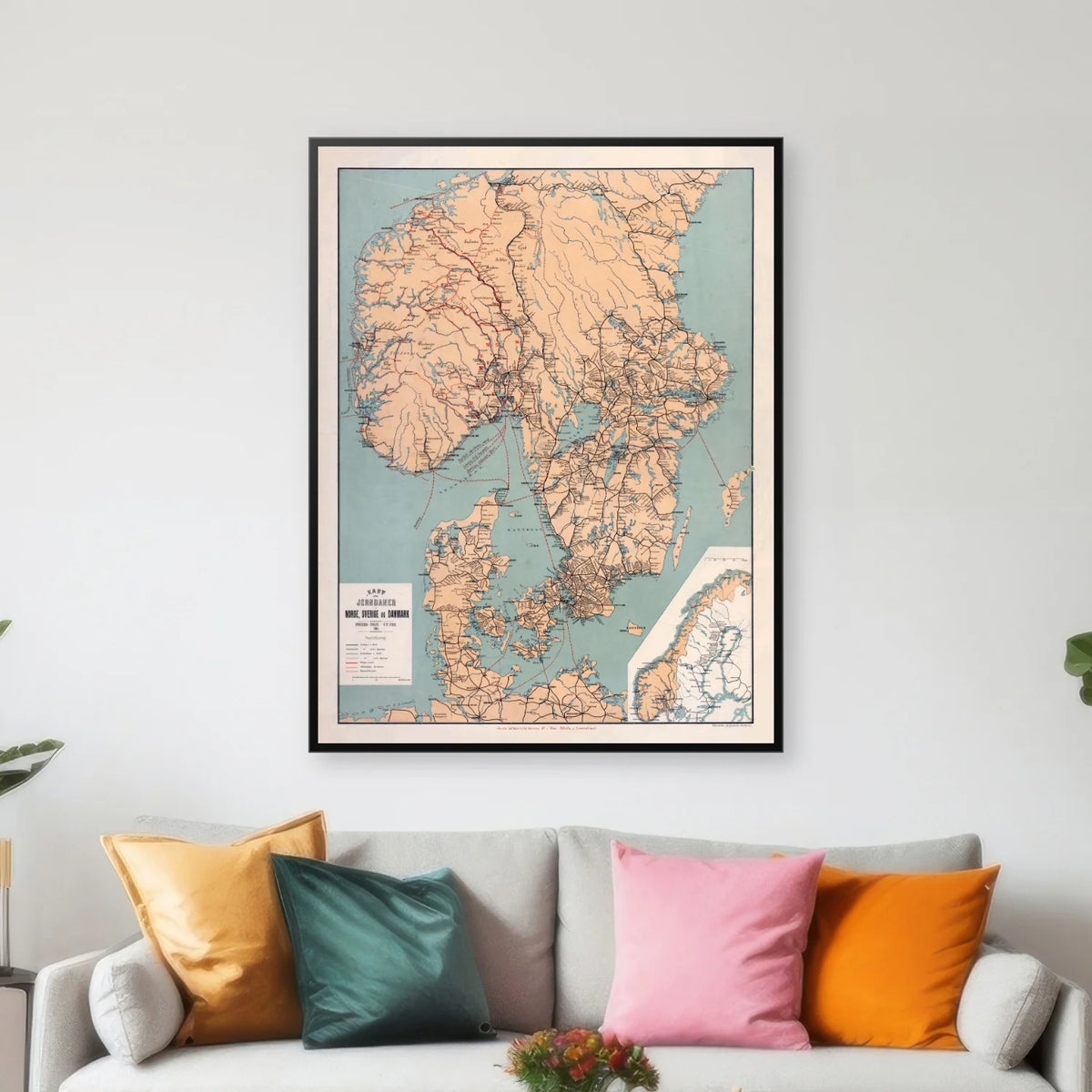 Jernbaner i Norge, Sverige og Danmark 1894 - Historisk jernbanekort - 54×70 cm – billede 3