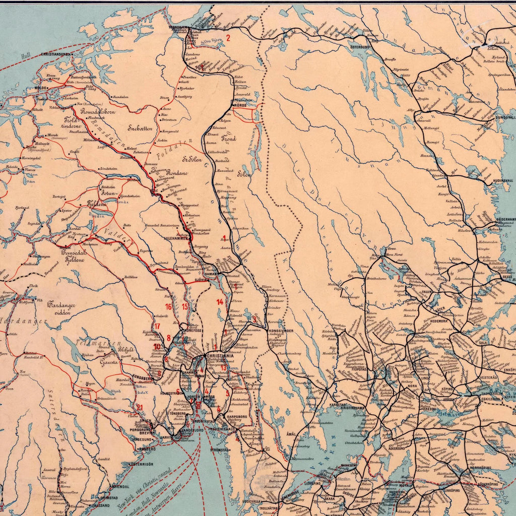 Jernbaner i Norge, Sverige og Danmark 1894 - Historisk jernbanekort - 54×70 cm – billede 4