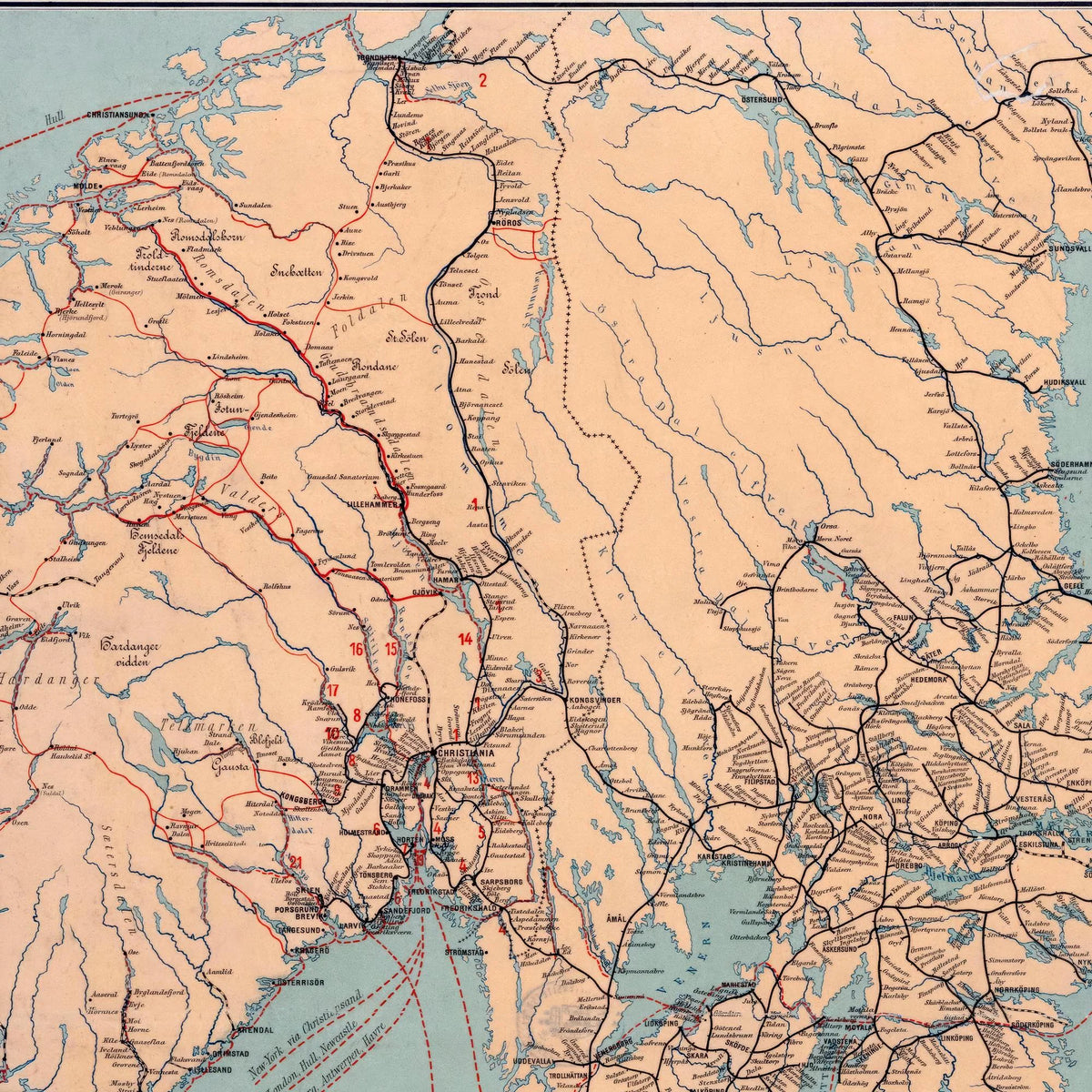 Jernbaner i Norge, Sverige og Danmark 1894 - Historisk jernbanekort - 54×70 cm – billede 4