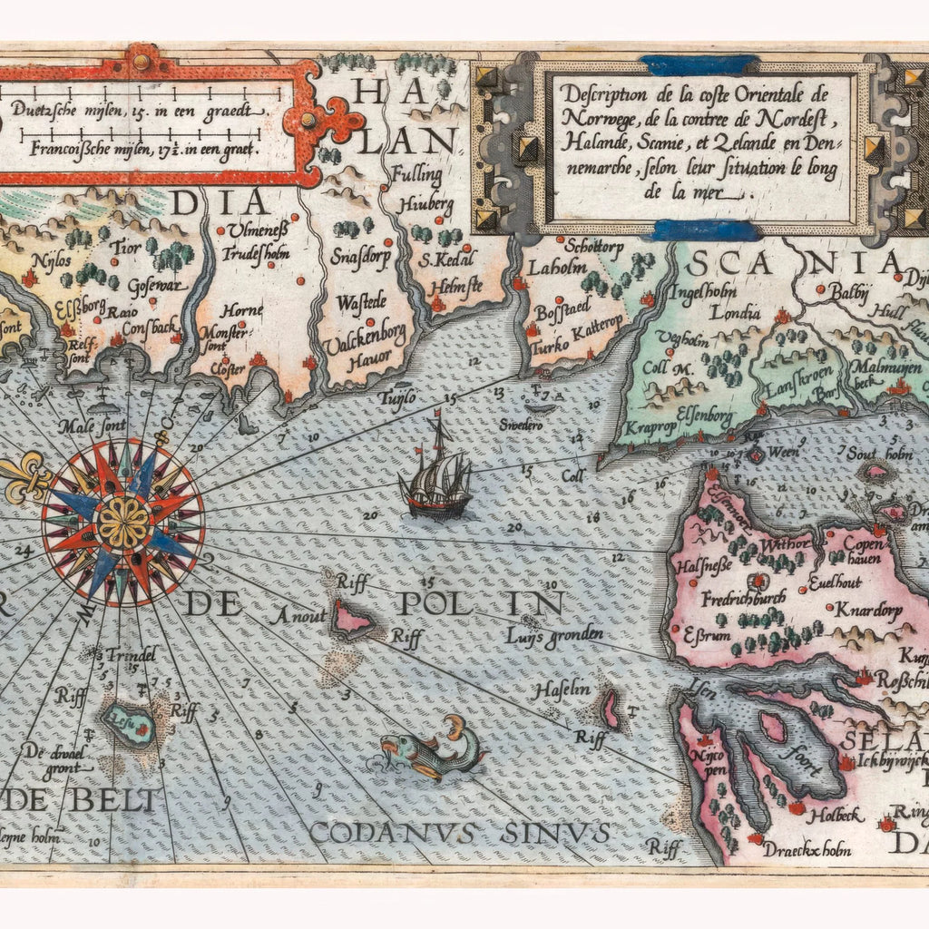 Østkysten af Norge og Danmark 1592 - Historisk søkort af Waghenaer - 65×25 cm – billede 4