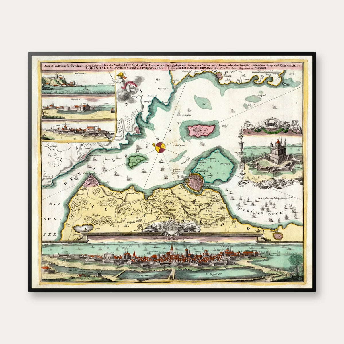Øresund 1720 - Historisk søkort med København og Skåne - 60×50 cm – billede 1