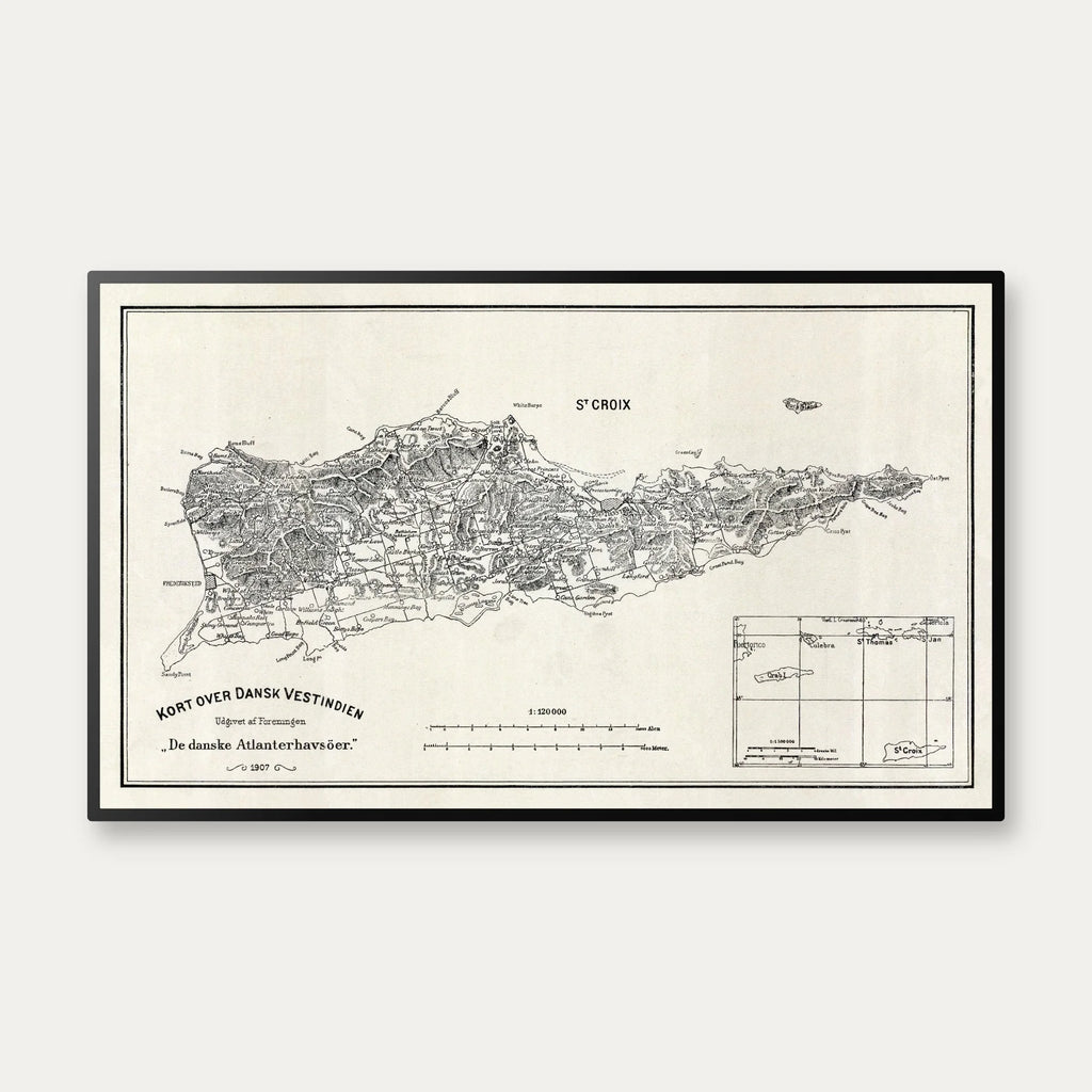 Dansk Vestindien 1907 - Historisk kort over St. Croix, St. Thomas og St. Jan - 50×30 cm – billede 1