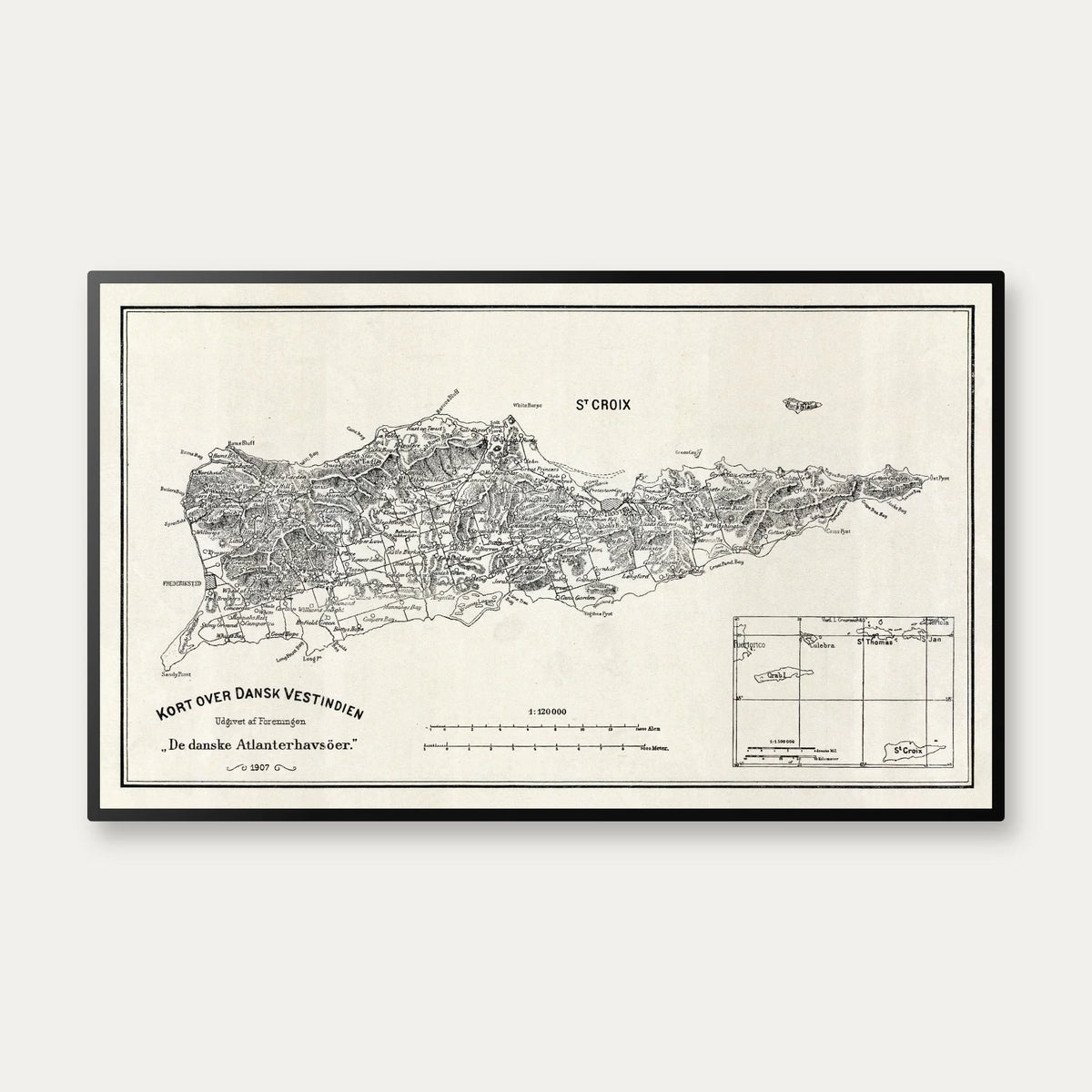 Dansk Vestindien 1907 - Historisk kort over St. Croix, St. Thomas og St. Jan - 50×30 cm – billede 1