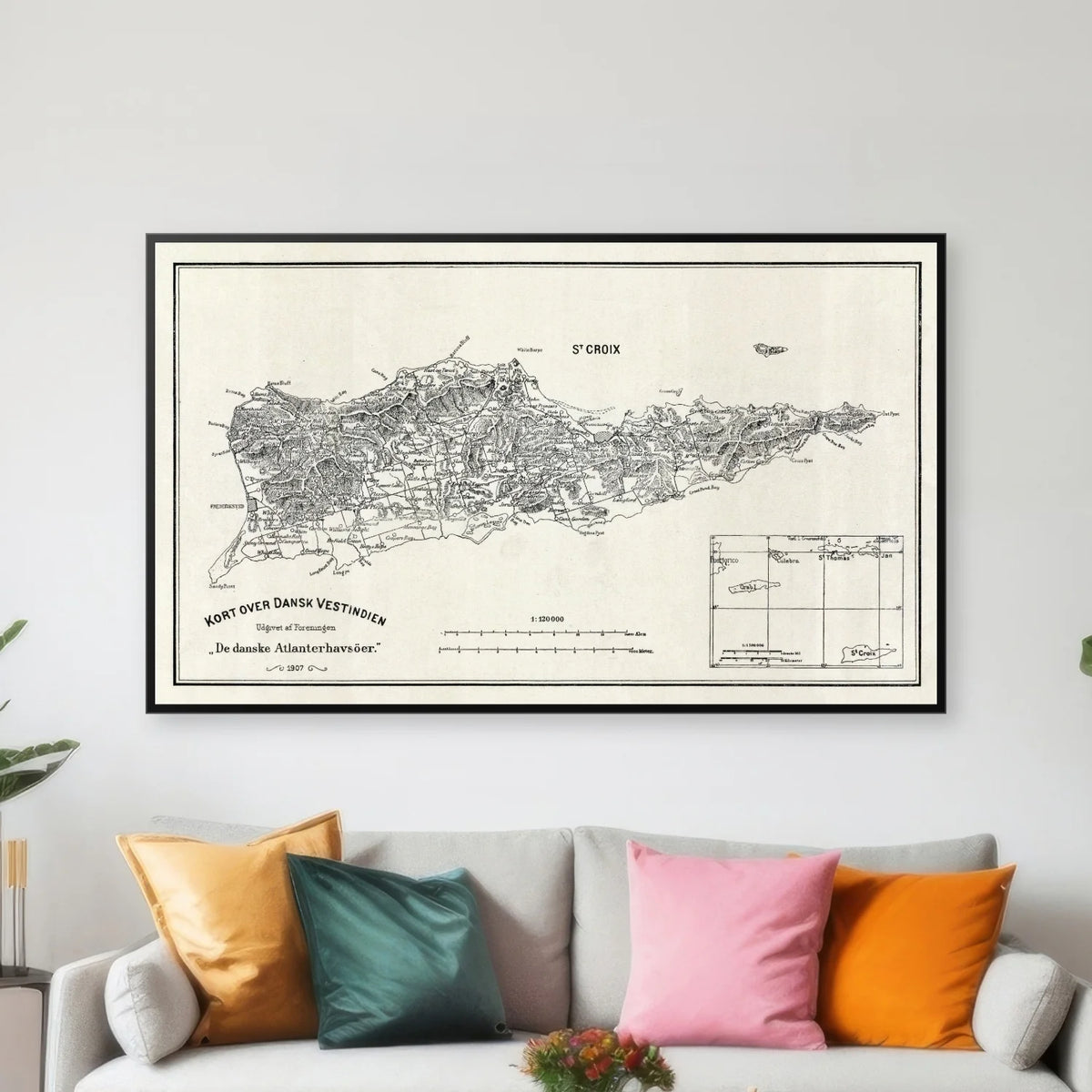 Dansk Vestindien 1907 - Historisk kort over St. Croix, St. Thomas og St. Jan - 50×30 cm – billede 3