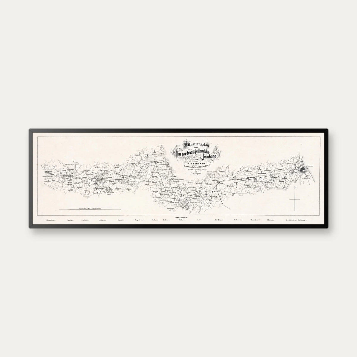 Jernbanen København - Kalundborg 1850-1860 - Historisk jernbanekort - 90×30 cm – billede 1