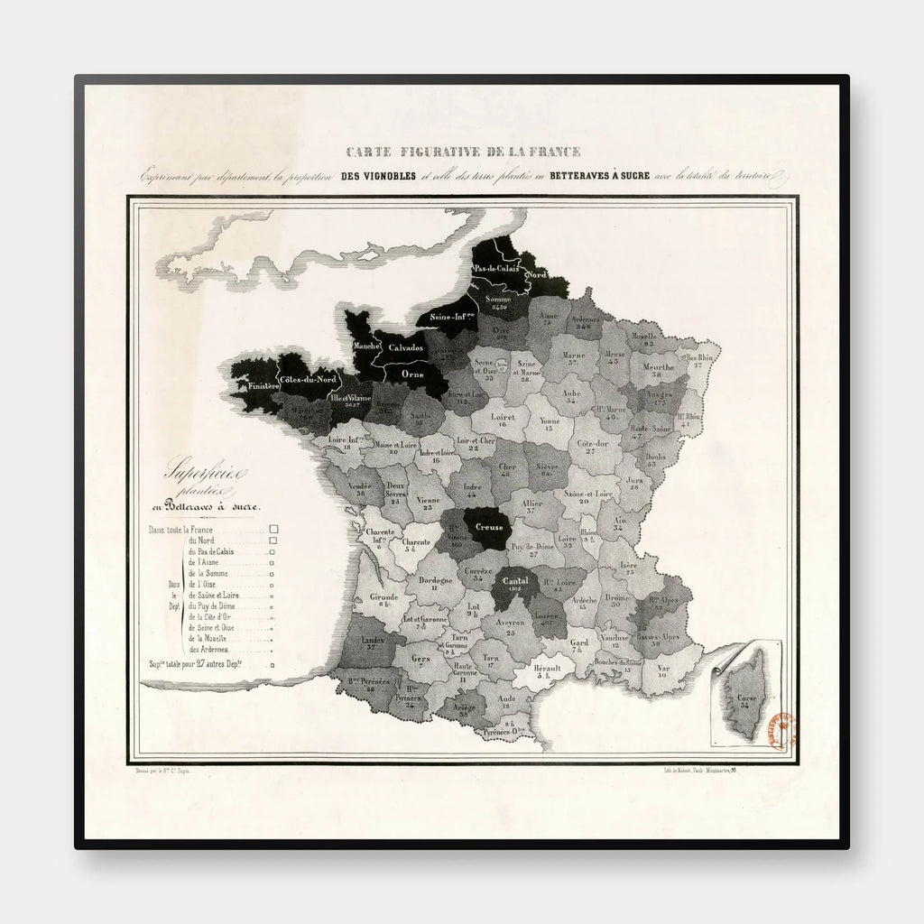Frankrig 1843 - Kort over vinmarker og sukkerroer – billede 1